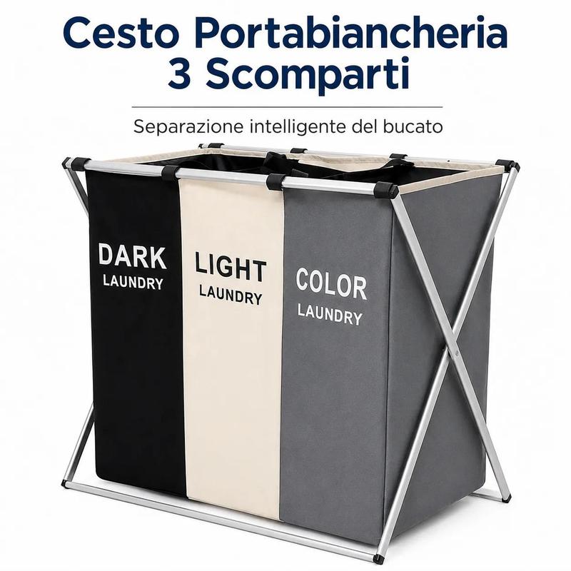 TEMU Cesto Portabiancheria 3 Scomparti Pieghevole con Telaio in Metallo �� Porta Biancheria Salvaspazio per Bucato Scuri, e Colorati