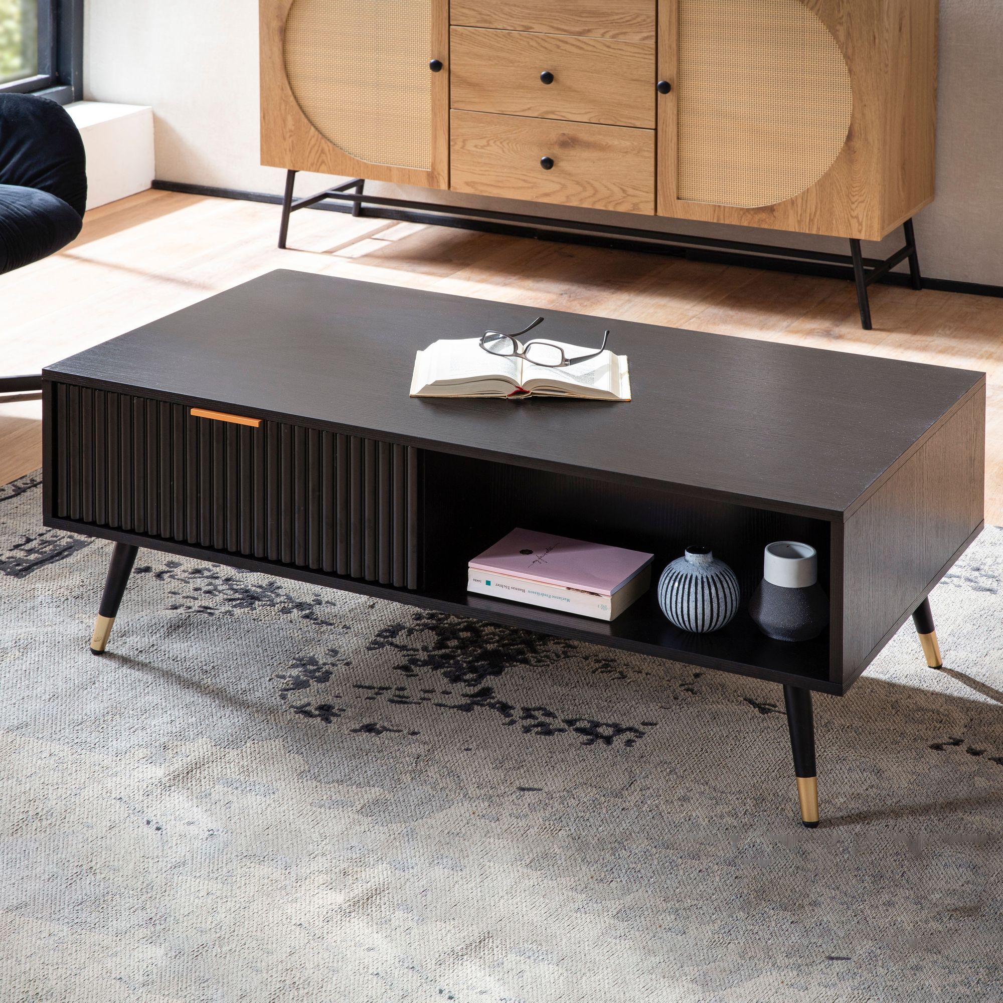 Coffee Table 110x60x43 With Oak Finish, Living Room Table, Rectangular Sofa Table With Storage, Coffee Table With Drawers, Living Room Table With Metal Legs