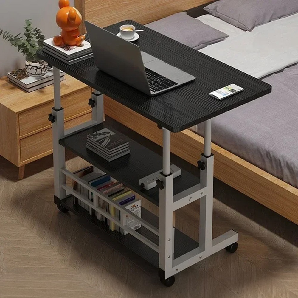 TEMU Height Adjustable With 2-tier Storage Shelves, Rolling Workstation, Bed Side Laptop Table, Space Saving Design For Small Apartments & Home,