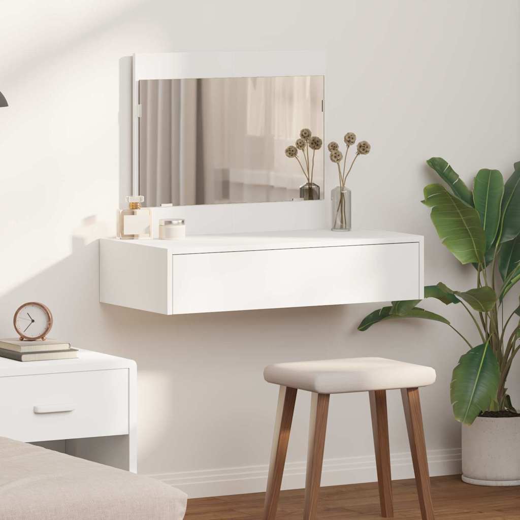 Vidaxl Wall-mounted Makeup Table With Mirror | Compact Whitefinish 83 X 40 X 70 Cm 1 Spacious Drawer Ideal For Bedrooms And Care Areas. Rectangular Cosmetic Table.
