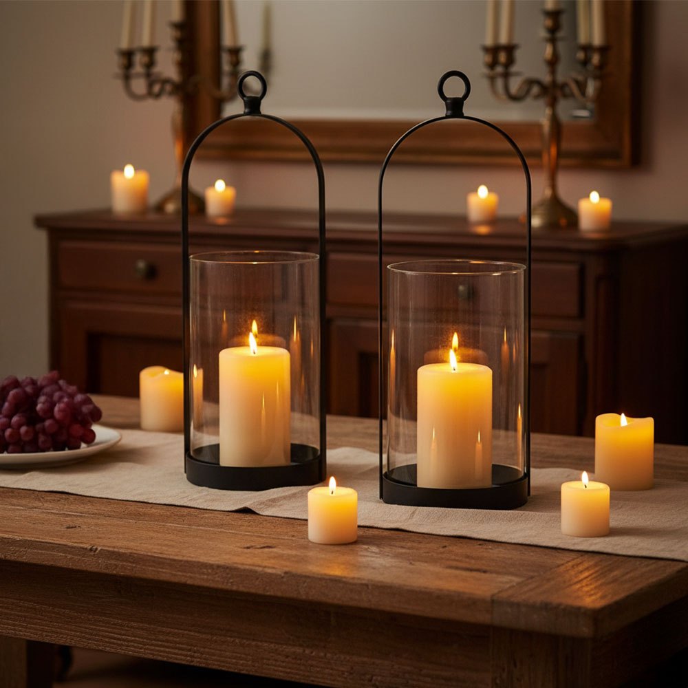 TEMU Candlehold Set, 2-pack Black Iron Lanterns With Glass Cover, Festive Table Centerpiece For Christmas And Wedding Celebrations, No Candles