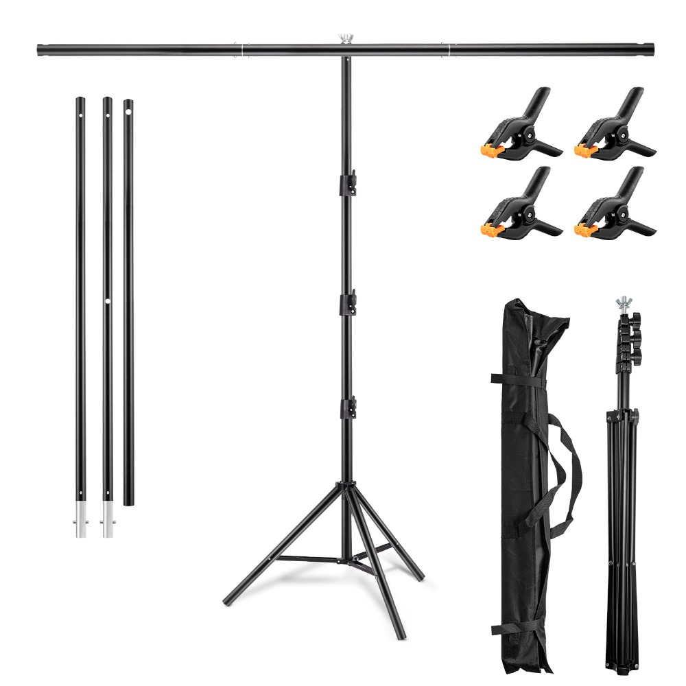 Image of T-shaped Portable Background Stand Set Adjustable Height Photo Background Stand With 3 Clip Clamps For Photo And Video Studio (black)