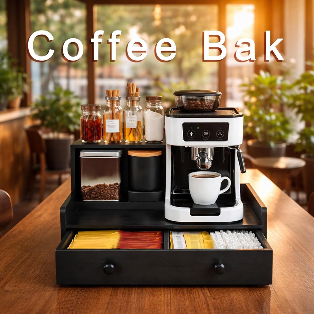 2 drawer coffee capsule tea bag organizer wooden coffee pod storage drawer coffee machine stand for kitchen countertop