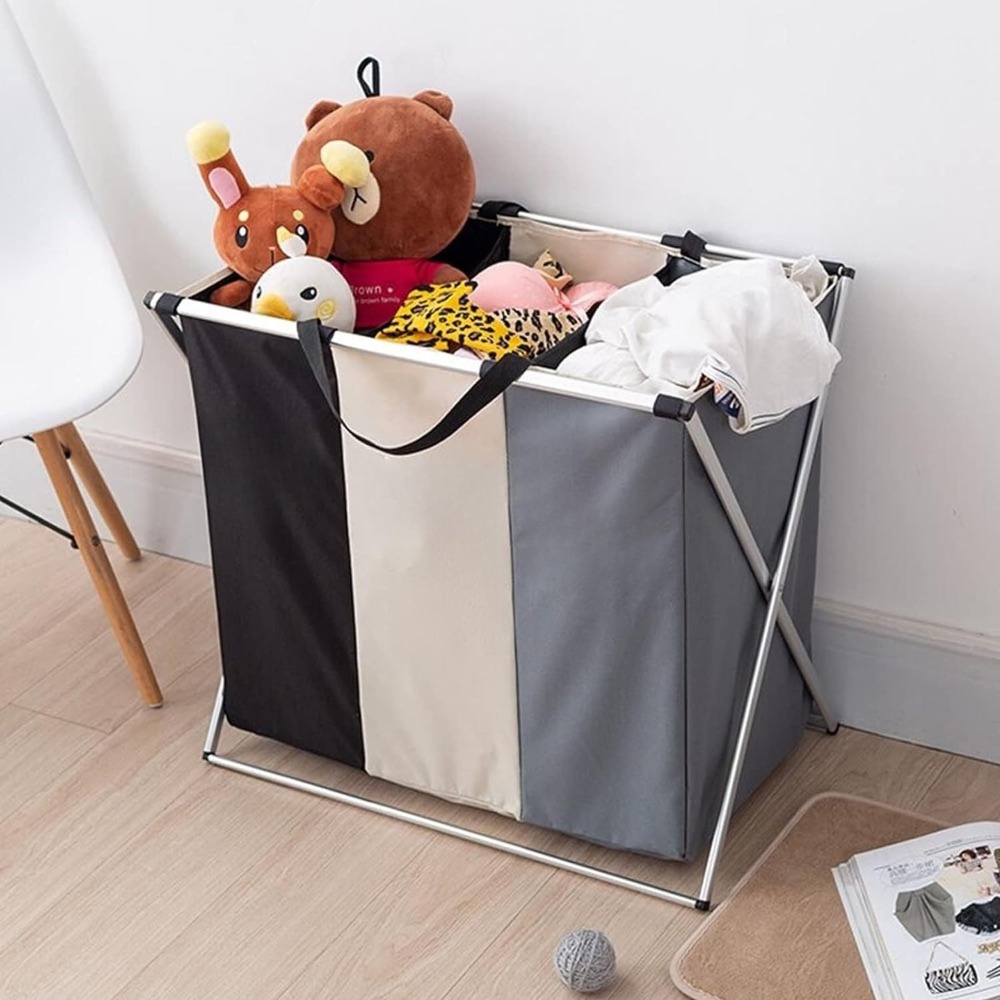 Foldable Laundry Basket With 3 Compartments, 160l – Hamper For Dirty Clothes With Handles For Laundry Room, Bedroom & Bathroom
