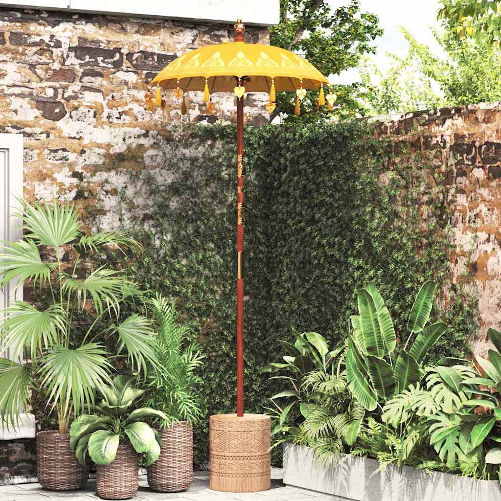Image of Vidaxl Yellow Round Bali Tedung Sun Umbrella 250 Cm Made Of Wood And For Outdoor. Uv-resistant, Decorative And Ceremonial Rain Umbrella, Garden And Terrace Umbrella For Hotels, Temples .