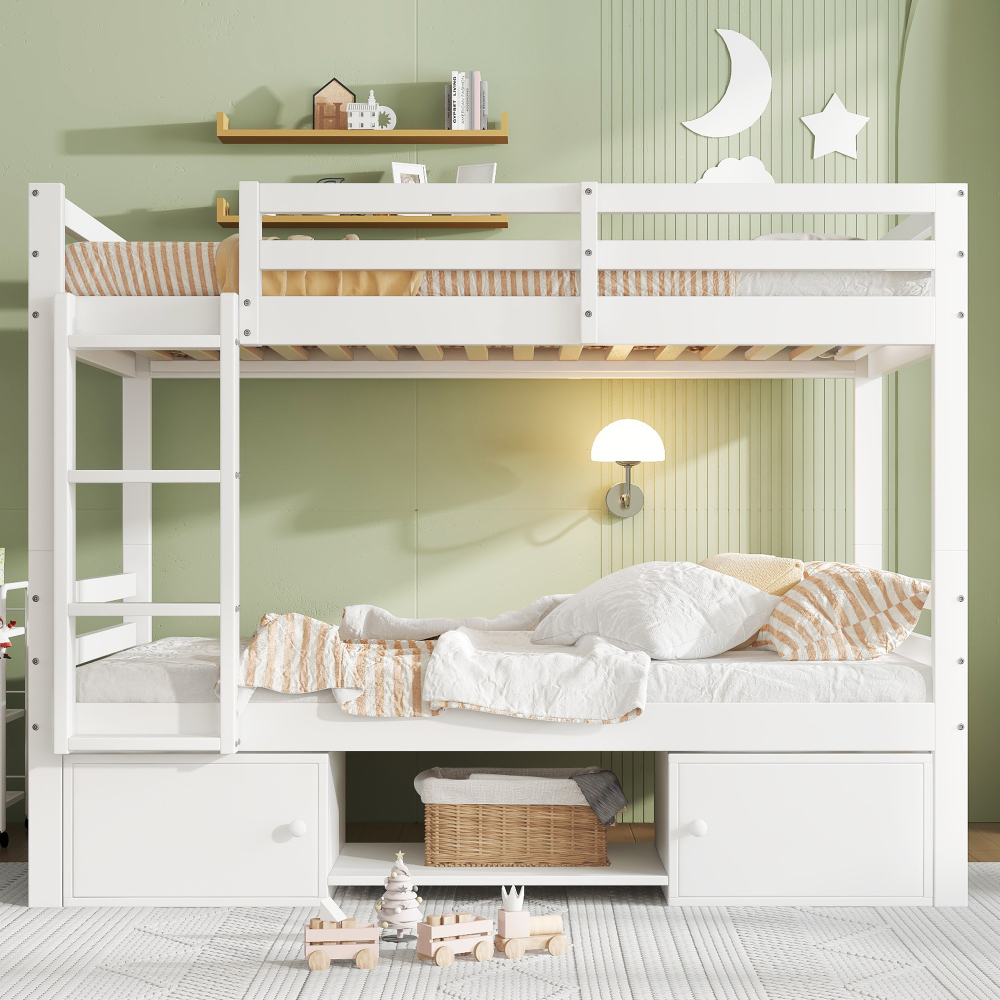 Image of Bunk Bed 90x200cm White | 2-in-1 Separable Bed Into 2 Single Beds | With Integrated Wardrobe & Shelf | Practical Storage Solution For Bedroom