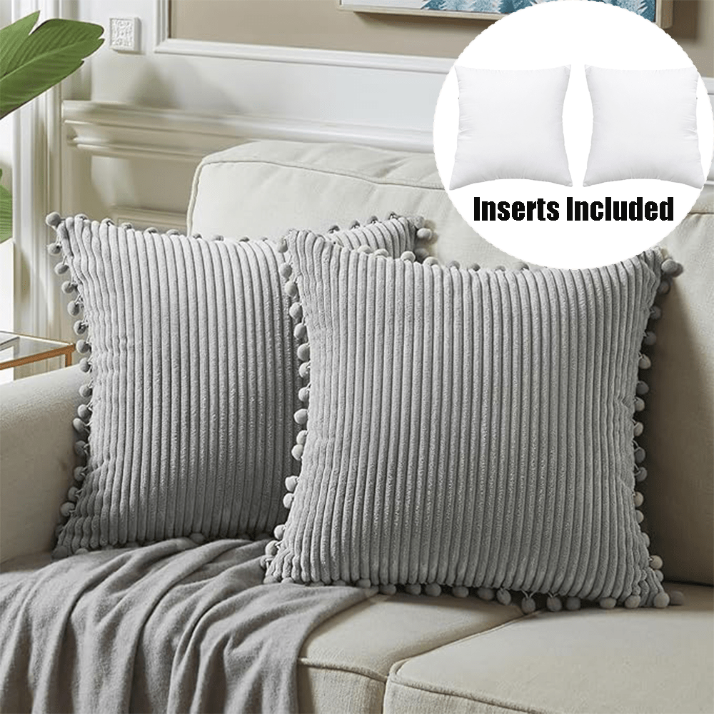 TEMU 2-pack Decorative Throw & Cover Combination Set, 18x18 Inch Pillow Inserts With Pom Poms Decor, Boho Farmhouse Home Decor, Soft Corduroy Accent