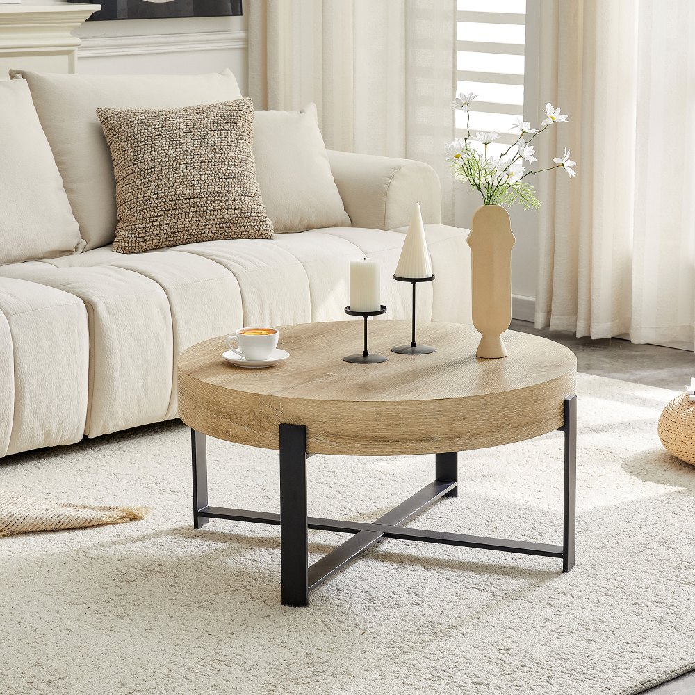 Round Coffee Table (68 Cm Diameter) -industrial Style. Tabletop Made Ofwith Natural Wood Pattern, Black Metal Cross-frame, Suitable For -/industrial Style.
