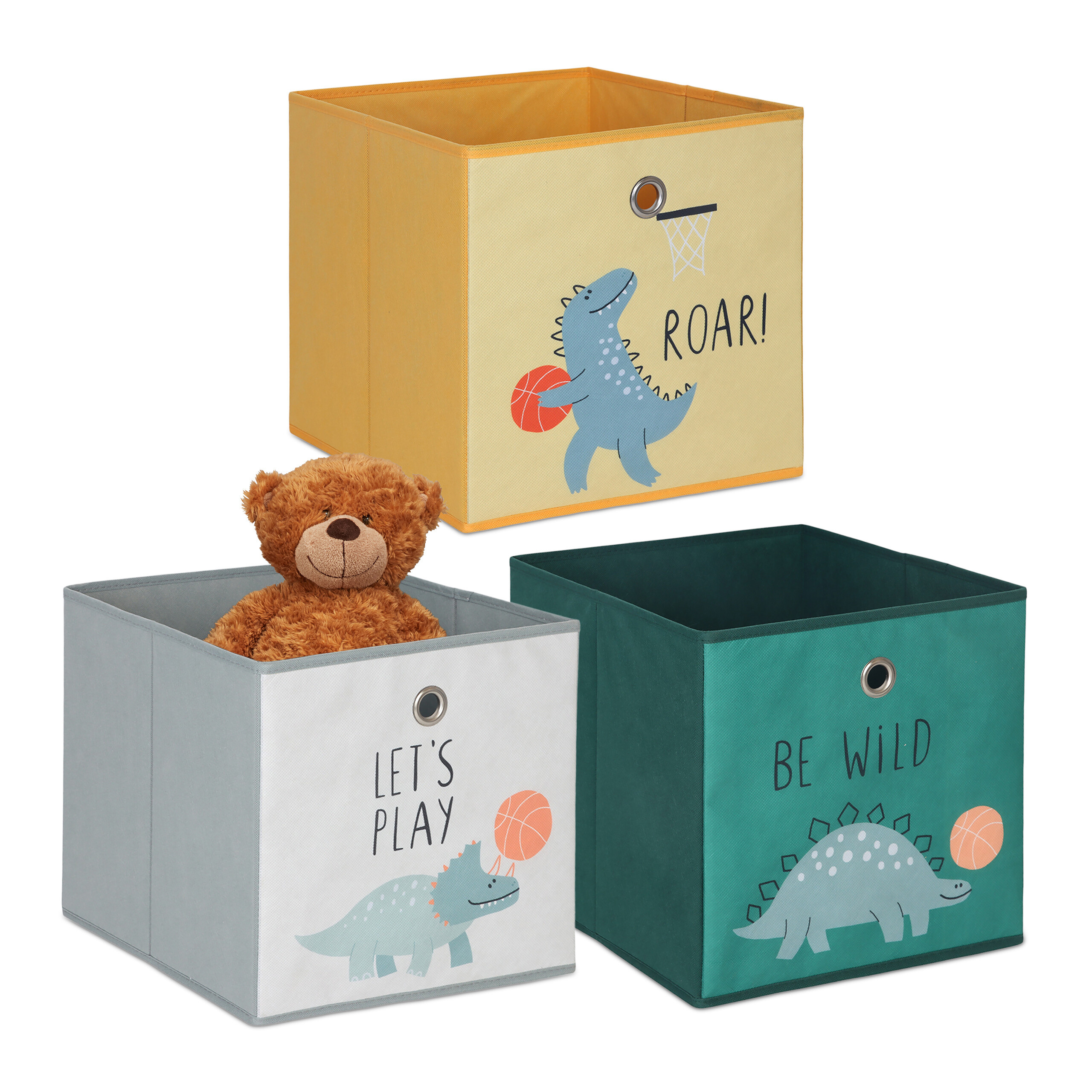 E-shop 3 x Kinder Aufbewahrungsboxen "Dino" in Bunt - (B)30 x (H)30 x (T)30 cm