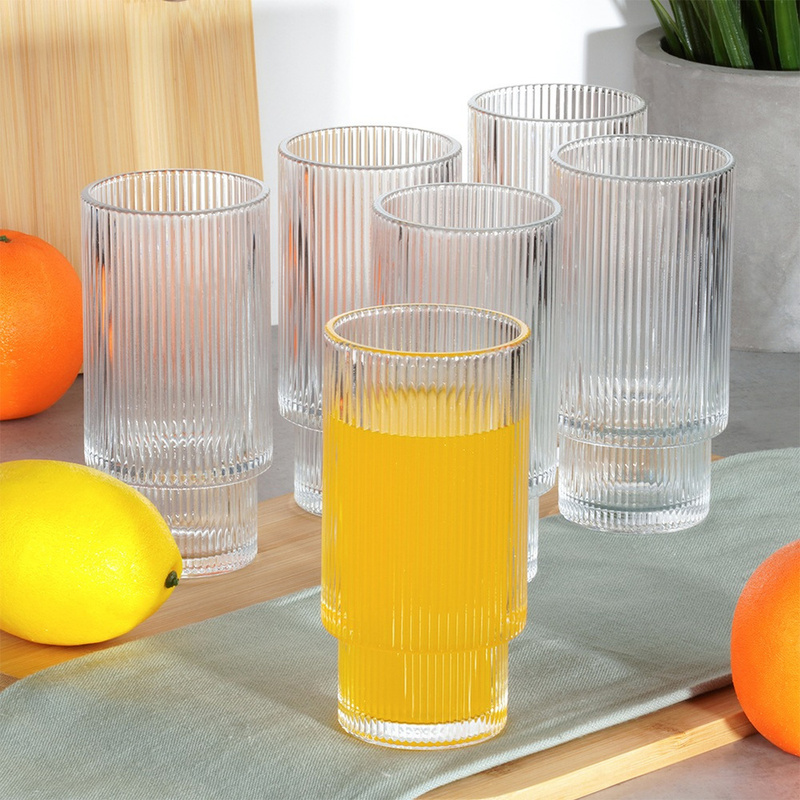 E-shop Set aus 6 Gläsern, 320 ml, aus geripptem Glas – elegante hohe Gläser für Getränke, ideal für Wasser, Limonade, Cocktails, Säfte und Eistee,