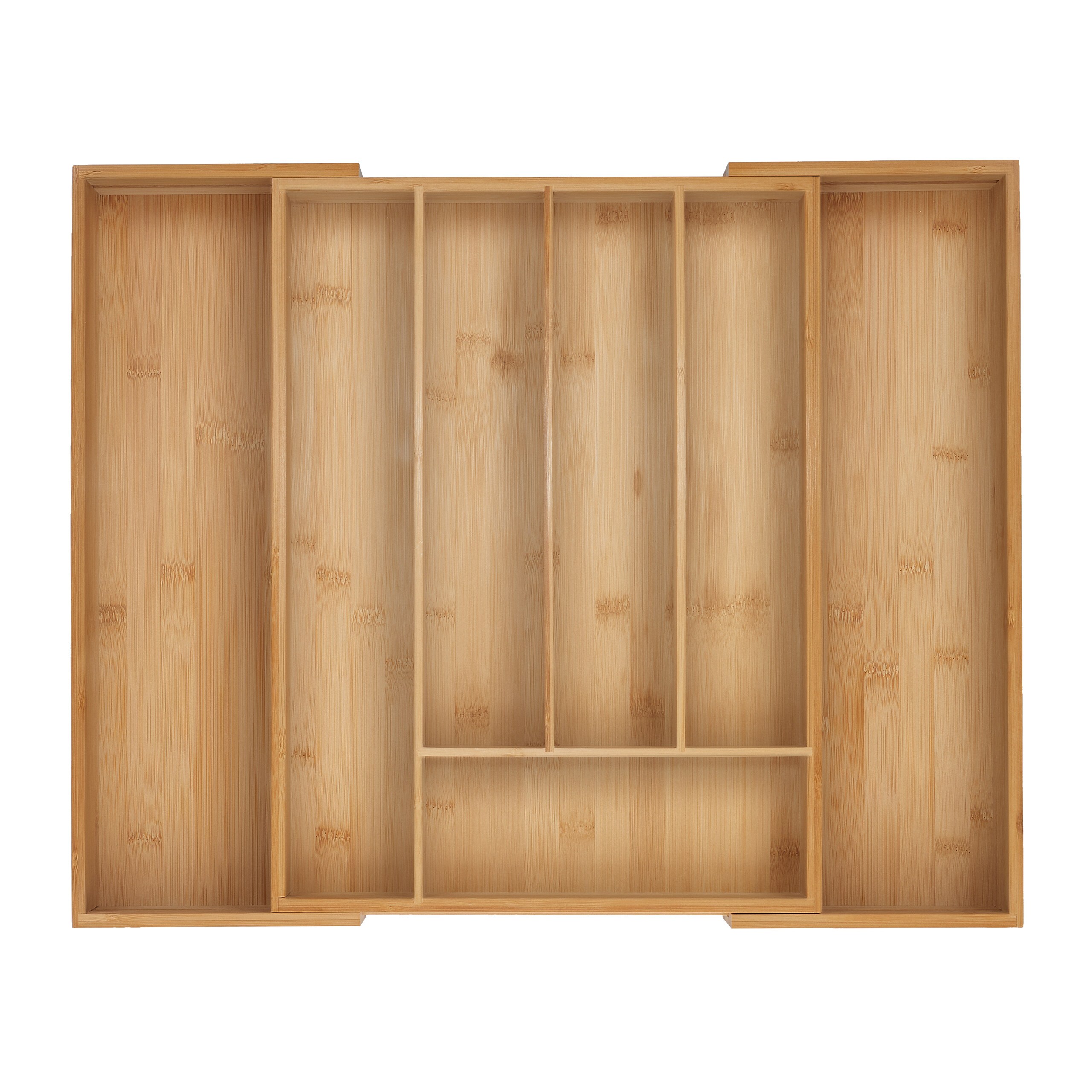 TEMU Extendable Utensil Tray, 5-7 Compartments, 5 X 32.5-53.5 Cm, Bamboo And Silicone, Natural Finish, Adjustable Width, Non-slip Feet, For Kitchen