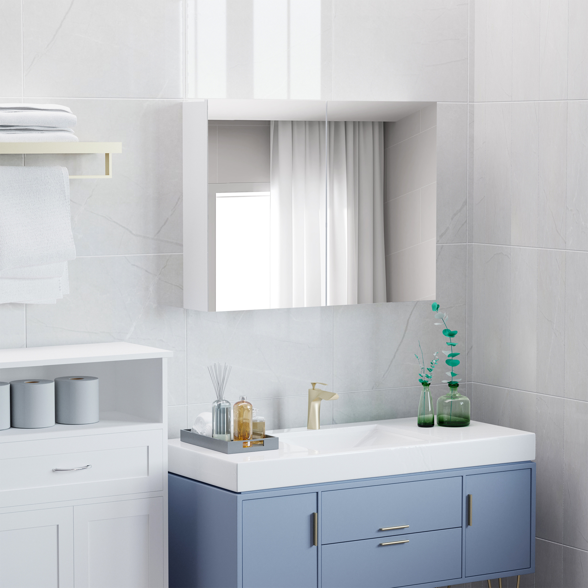 TEMU HOMCOM Armario de Baño con Espejo Armario de Estantes Interiores Estilo Moderno para Dormitorio Salón 80x15x60 cm