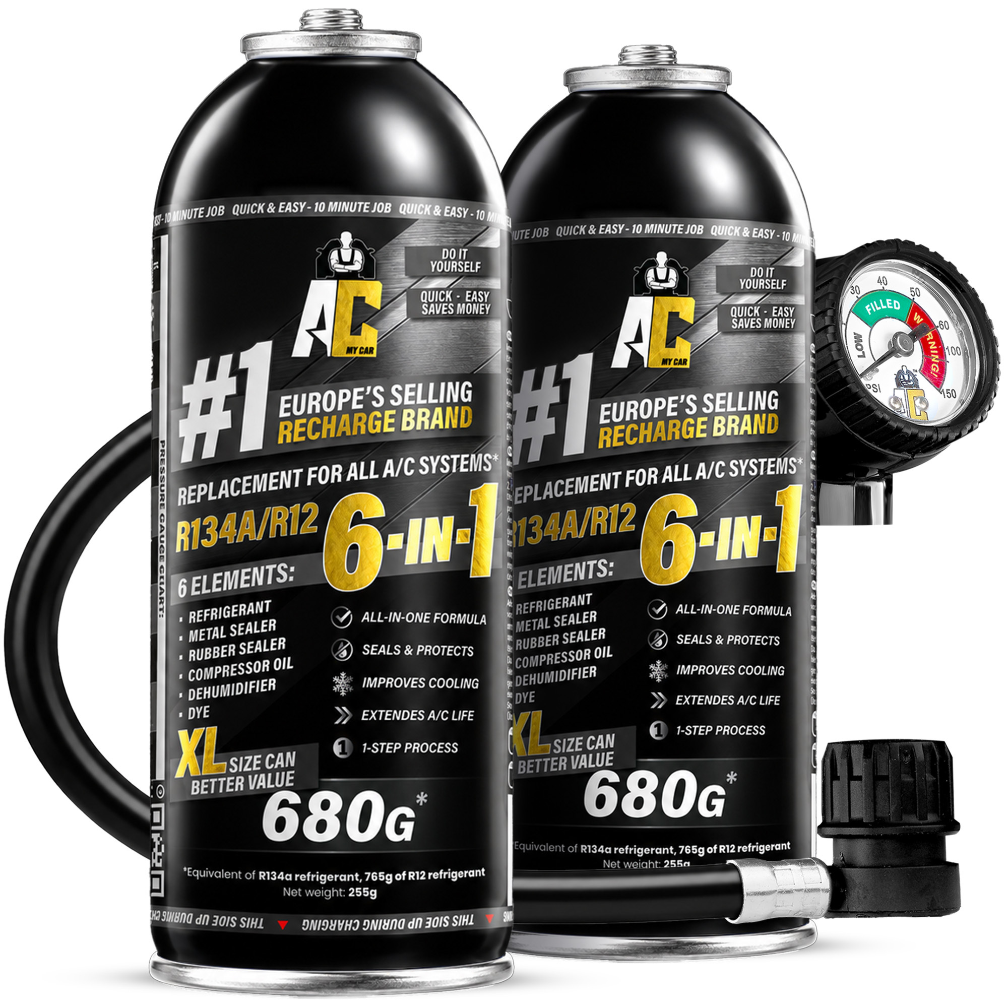 TEMU ACMyCar Lot de 2 bidons 6-en-1 R134a + tuyau – Ensemble étendu de bidons 6-en-1 avec tuyau pour climatisation de voiture R134A, comprend bidons