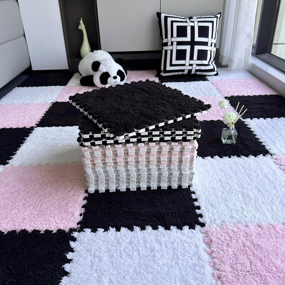 12/24pcs Set of Plush Patchwork Carpet Mats, 30x30cm, Non-slip EVA Foam Washable Thickened Carpet, Multi-color Patchwork Interlocking Floor Non-slip Floor Mats for Living Room Bedside and Game Room