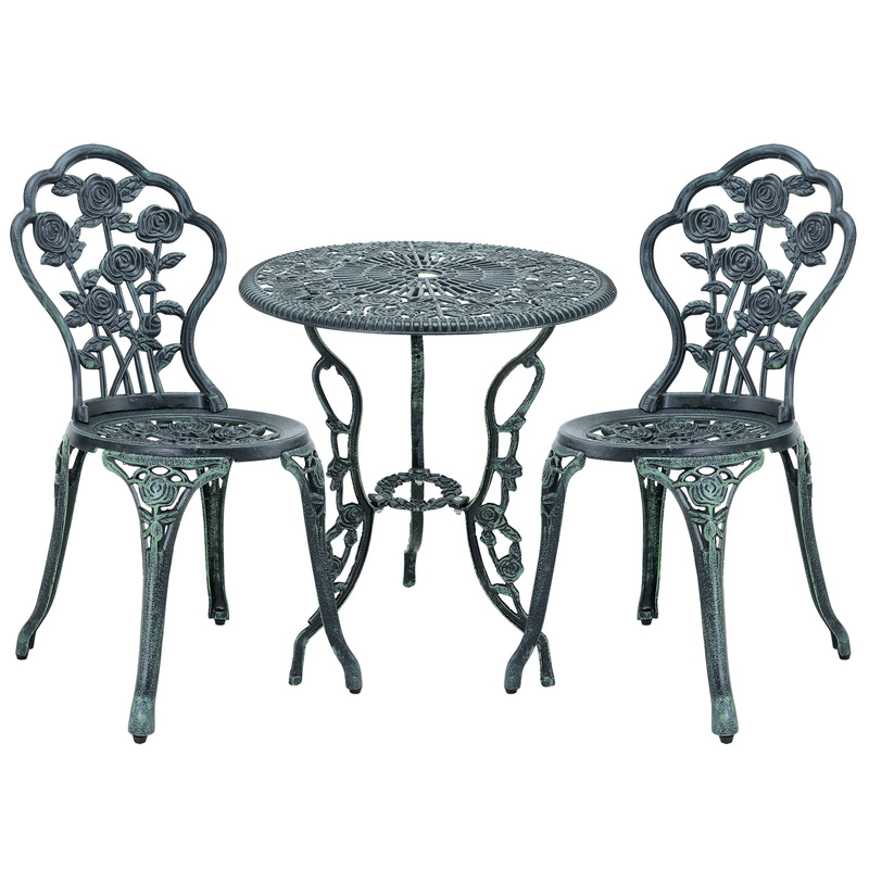 Bistro Set Table With 2 Chairs Cast Iron In Colors, Rose Motif, Charm, Weather-resistant, Space- Design