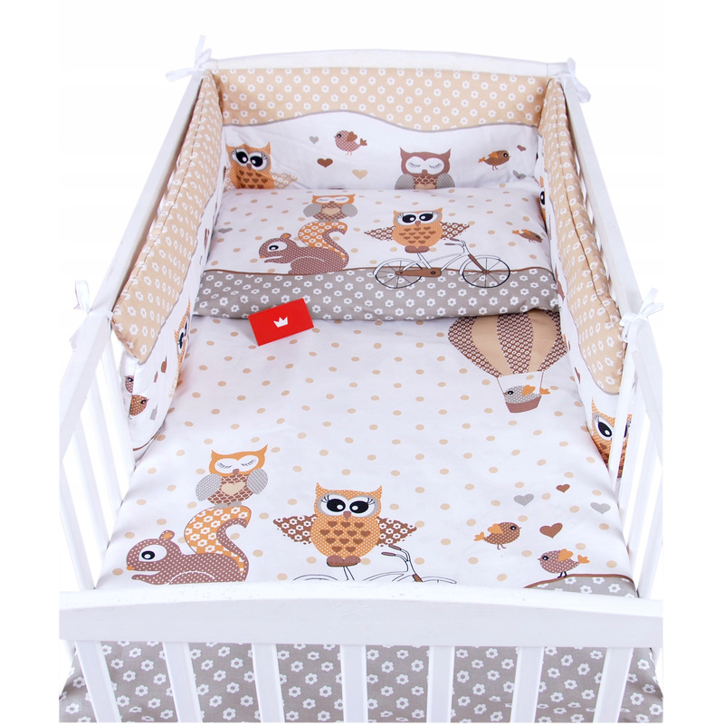 BabyLux 4-dijelni set posteljine za bebe 120x60cm & 120x90cm - 100% pamuk, uključuje navlaku za poplun, jastučnicu, rubnik, plahtu s gumicom - bež dizajn sova