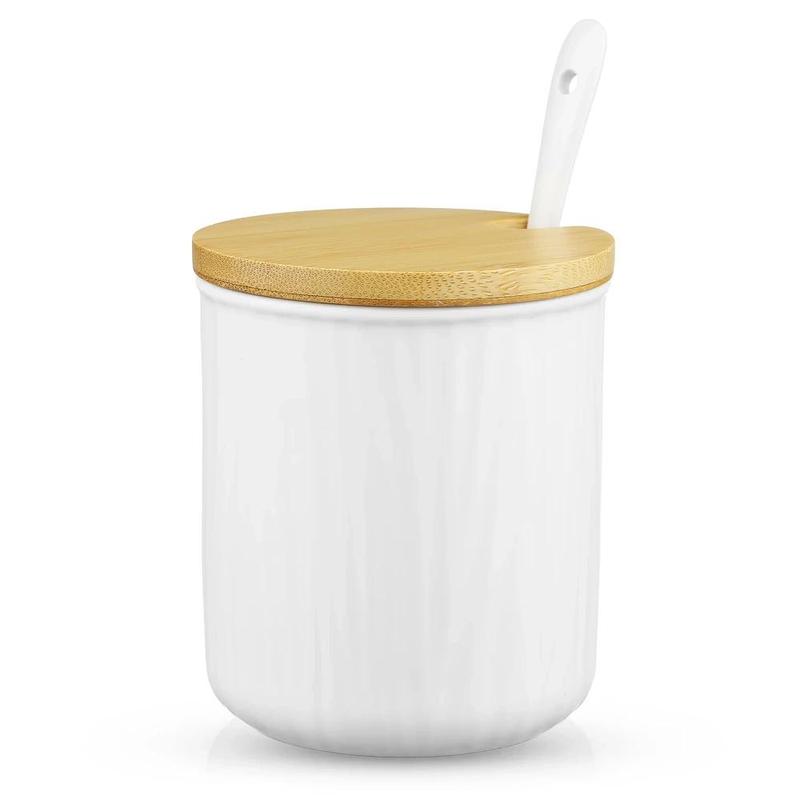 Porcelain Sugar Bowl With A Spoon, Sugar Container With A Bamboo Lid