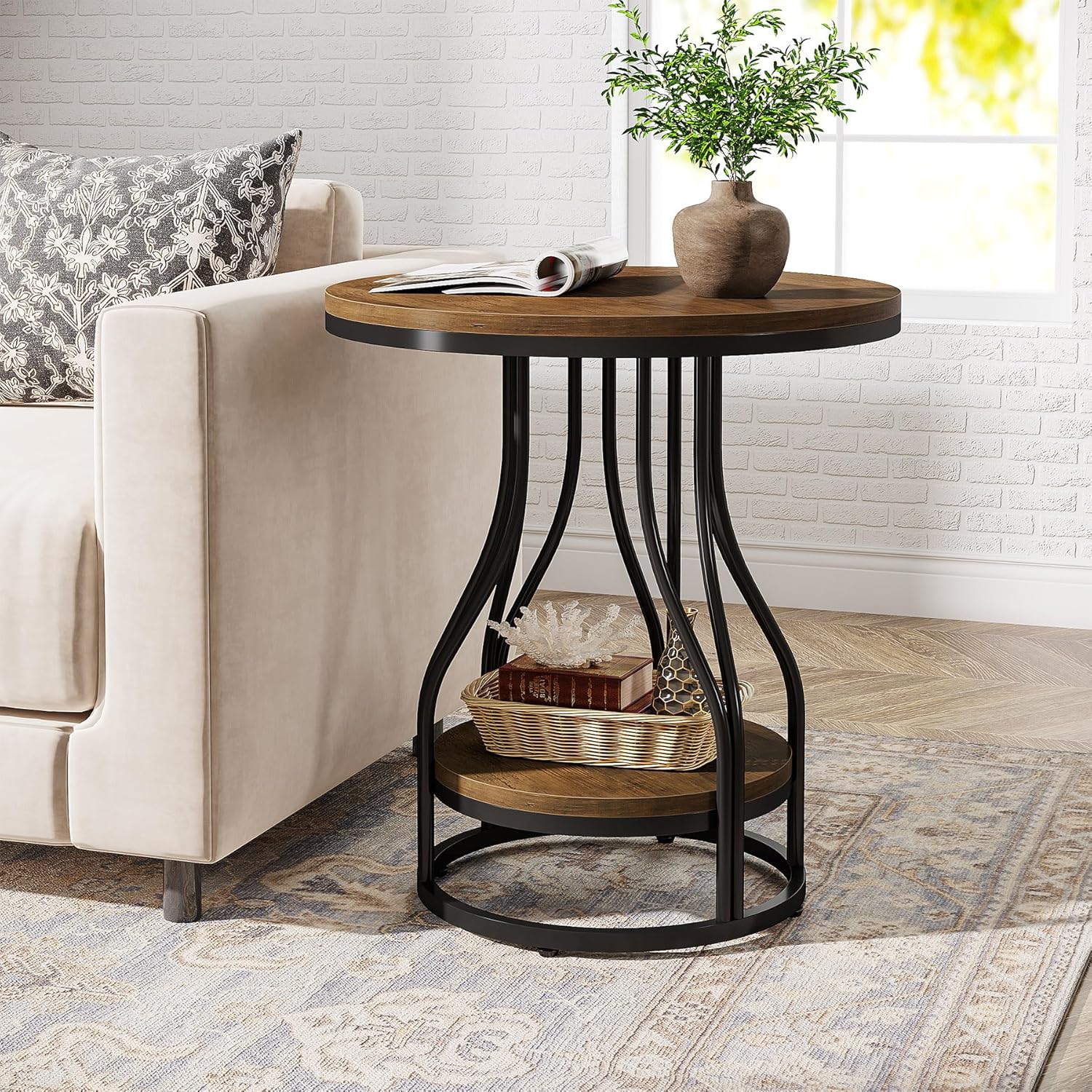 Image of Vintage Round Side Table, 2-tier Modern Bedside End Table, Small Chirside Tables With Storage For Couch Side, Nightstand With Metal Frame For Living Room, Bedroom (1, Brown+black)