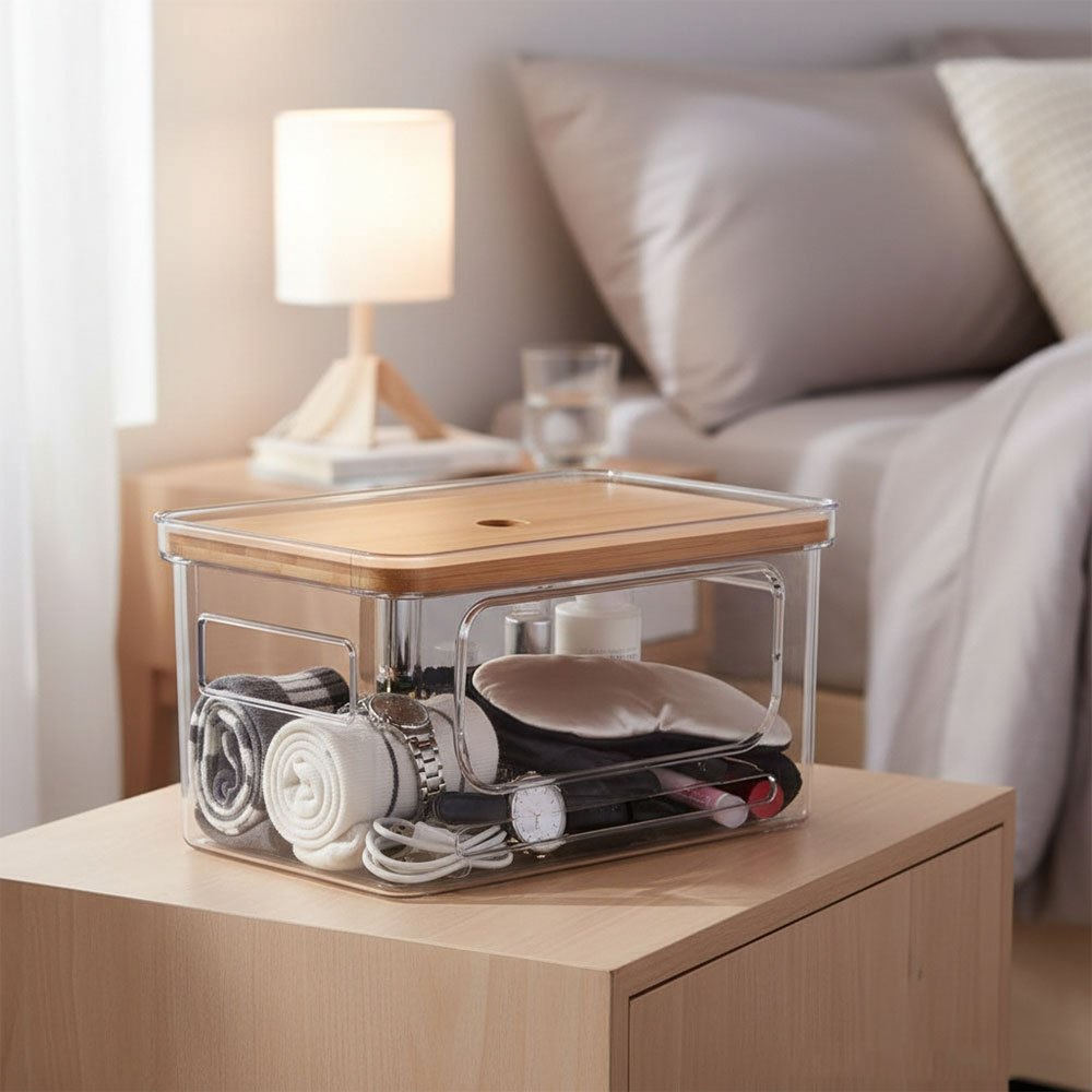 Clear Rectangular Storage Box with Bamboo Lid, 1/3pcs
