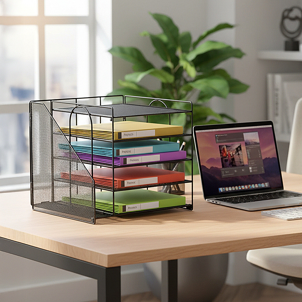 TEMU 5‑tier Metal Desk File Organizer, Multi‑layer Mesh Paper Letter Tray With Side Vertical Single‑slot File Holder, 31×28.5×28cm Black Desktop