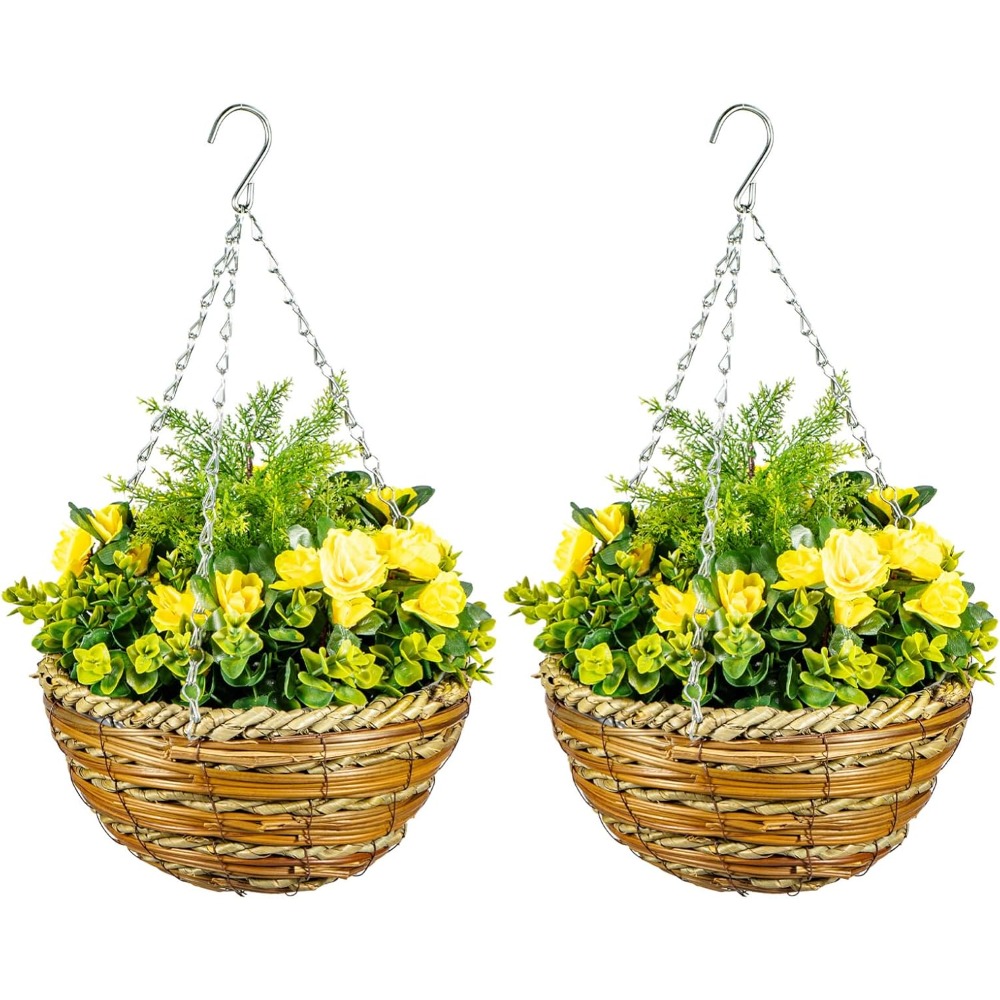 set of 2 artificial lavender flowers hanging plants with basket faux silk flowers for outdoor indoor decor for patio balcony porch decoration decorative baskets