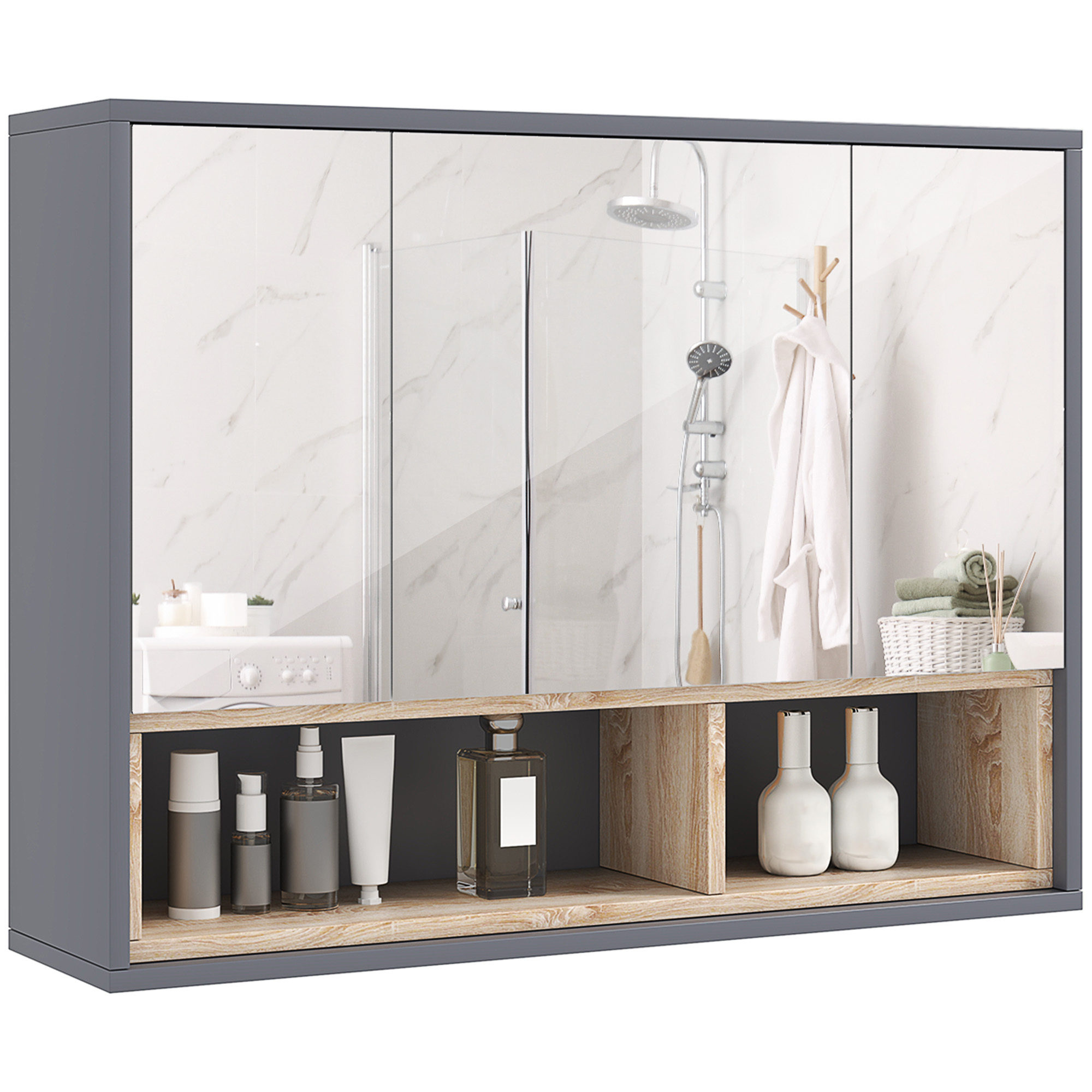 E-shop HOMCOM Wandschrank, Badezimmermöbel mit Spiegelkabinett, Badezimmerspiegel mit Aufbewahrung, 3-türiger Schrank mit 8 Fächern, Maße 80L x 20W x