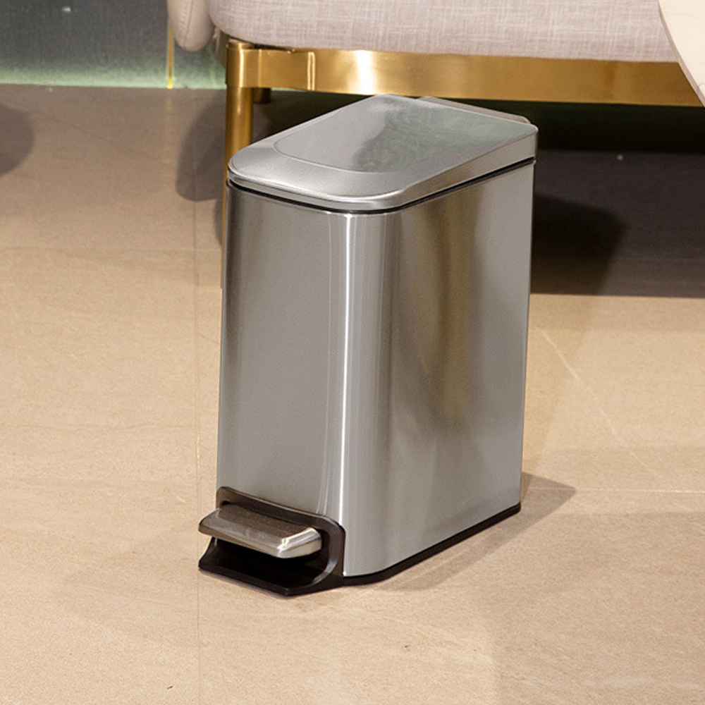 TEMU 1pc Space-saving 6l Stainless Steel Garbage Bin - Narrow Pedal Design With Silent Closure, Contemporary Office/bathroom Trash Can (fits
