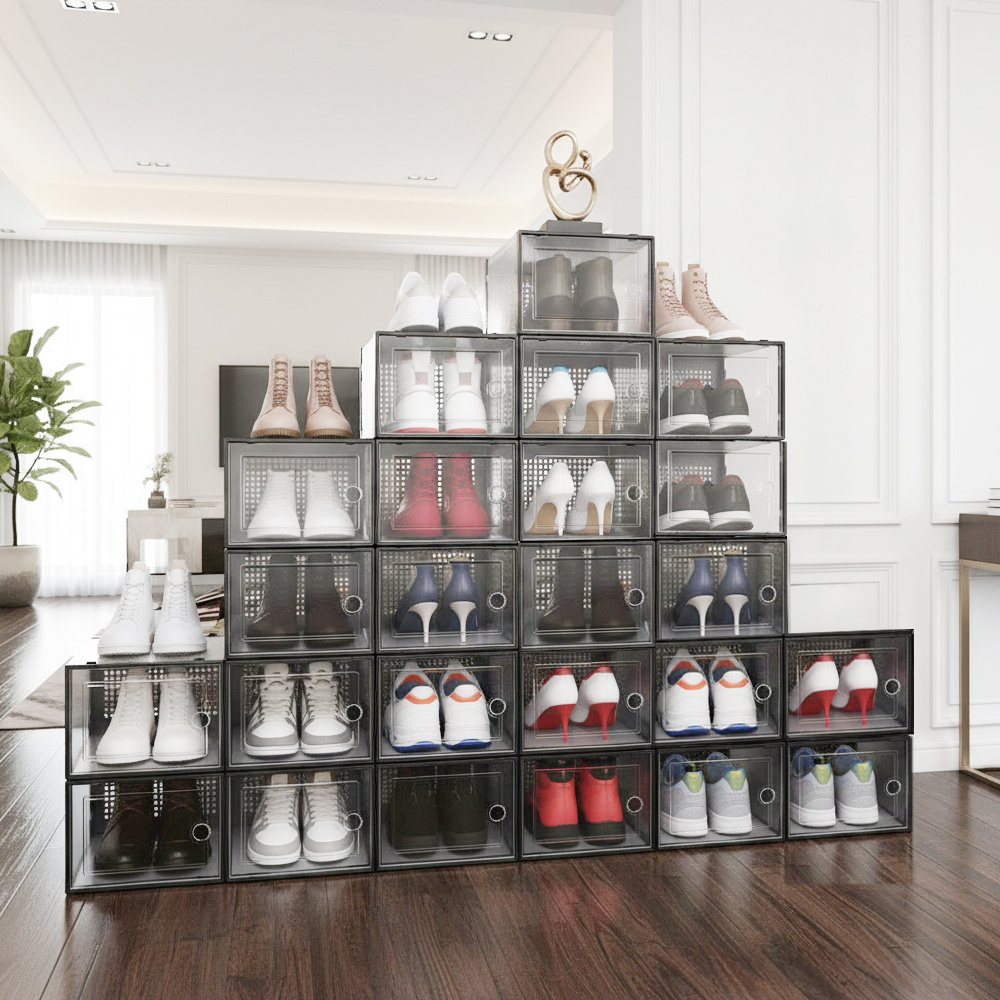 pack of 12 stackable shoe organizers shoe storage boxes with dustproof doors large shoe boxes transparent foldable shoe storage cabinet   saving shoe box under bed shoe containers versatile footwear containers holder for entryway closet dorm living room w23 x d33 x h14cm