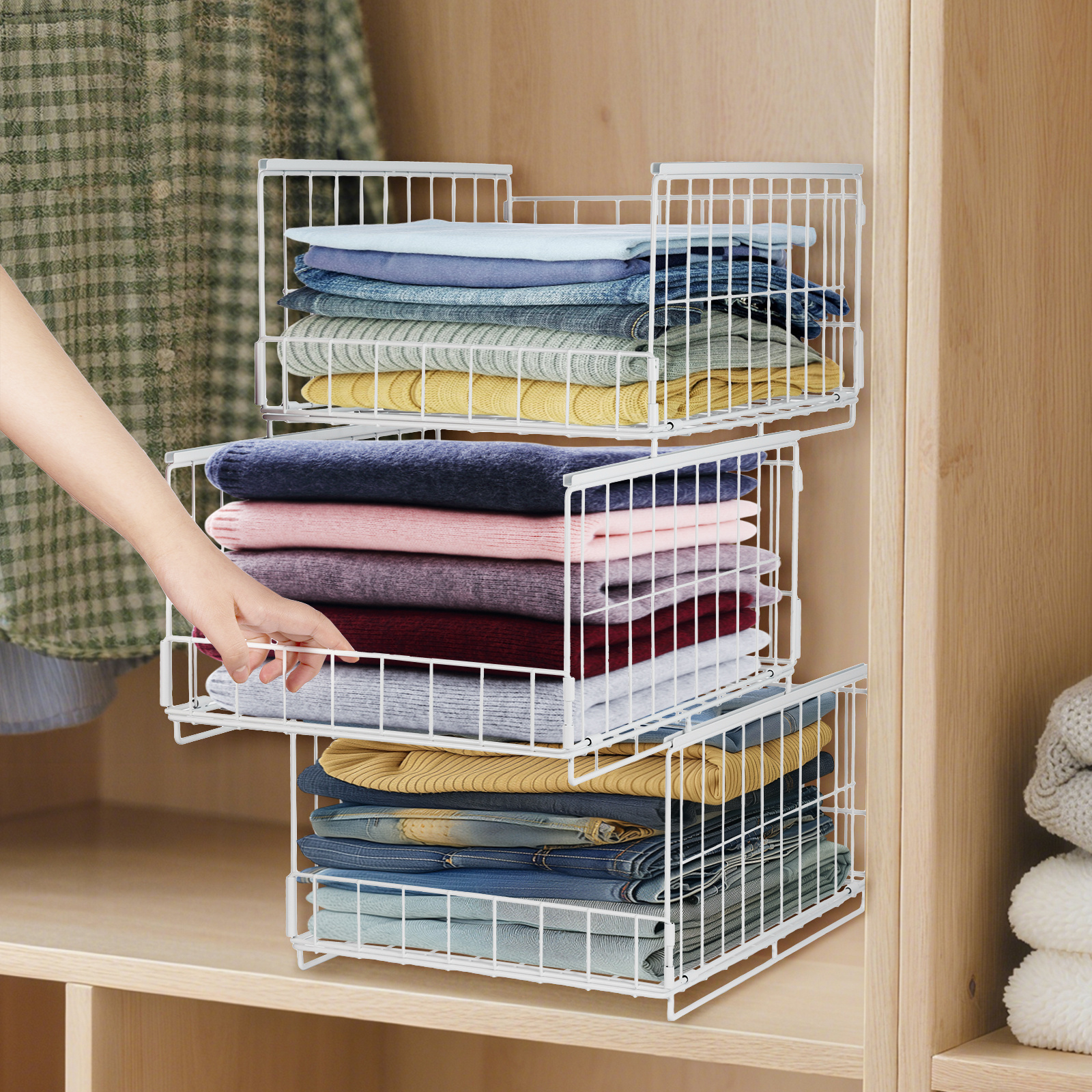 3 Wardrobe Organiser, Stackable Storage Box, Cupboard Drawers, Shelf, Metal Cabinet, Wardrobe Organiser System, Foldable For Home