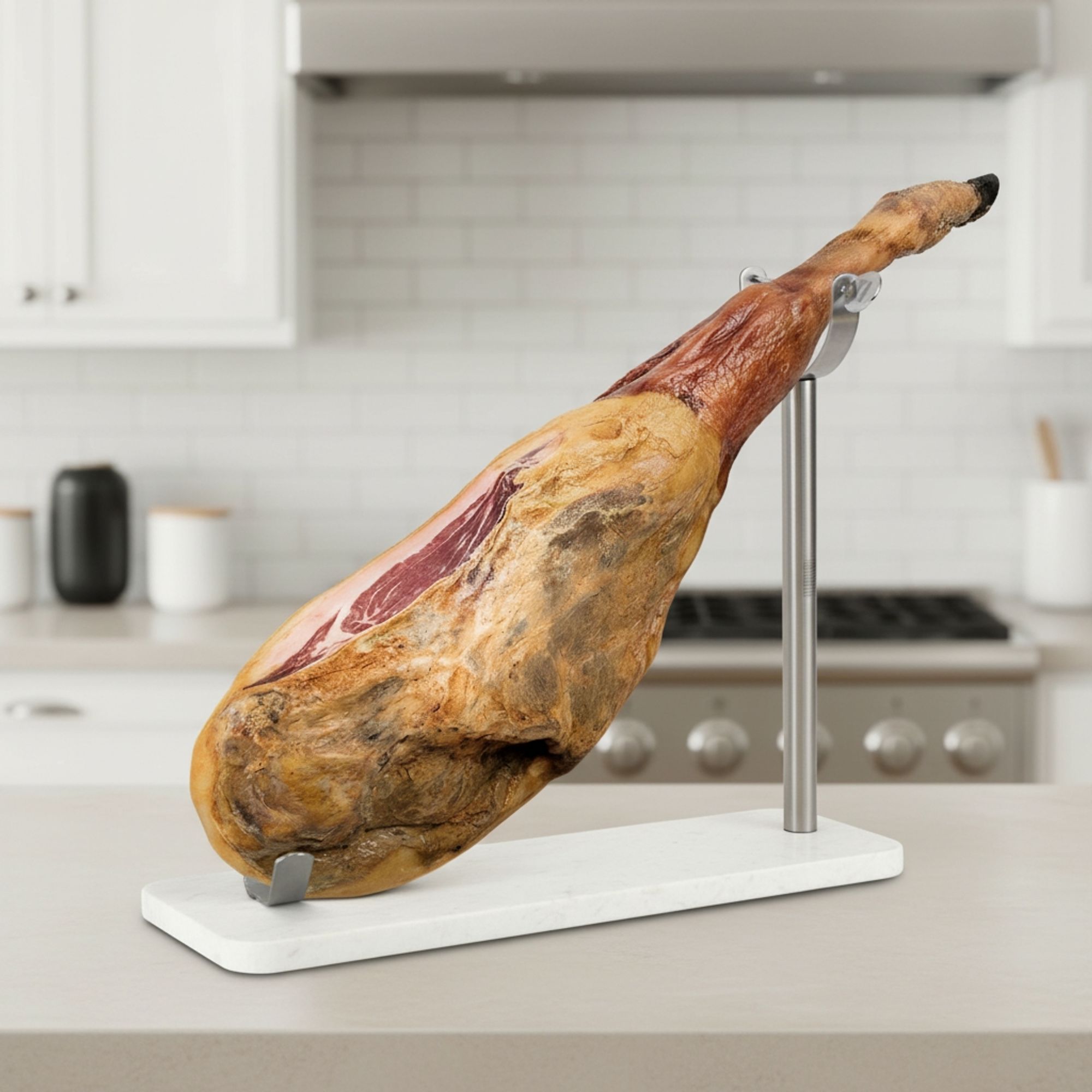 TEMU QUTTIN | Soporte Jamonero Mármol con Brazo de Acero Inoxidable, Tabla Blanca 48.5x16x1.8 cm para Jamón , Estilo Elegante y Base Antideslizante