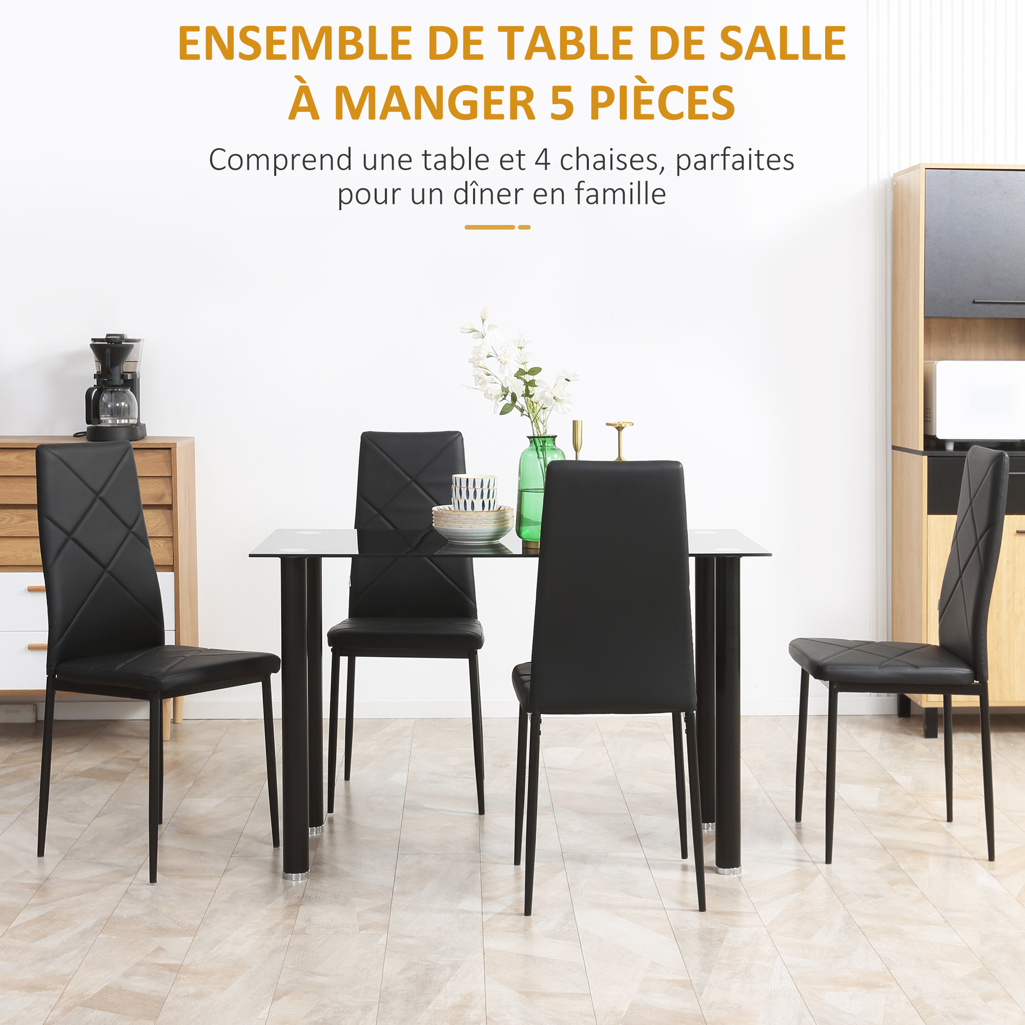 TEMU HOMCOM Ensemble de table à manger avec 4 chaises. ensemble de meubles 5 pièces de cuisine. plateau en verre trempé. pieds en acier. noir