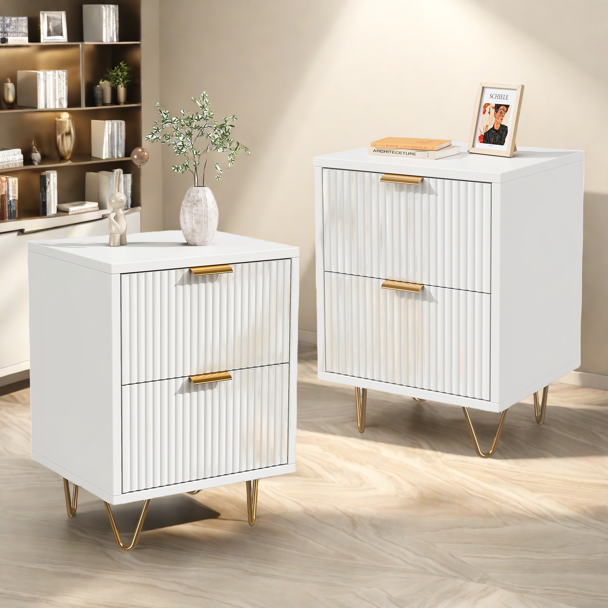 Christmas Gifts Lot Of 2 Bedside Tables, White Bedside Table With 2 Drawers, Nightstand, Wooden Bedside Table, Modern Side Table For Living Room Bedroom Office, 29x47x49cm, White. .