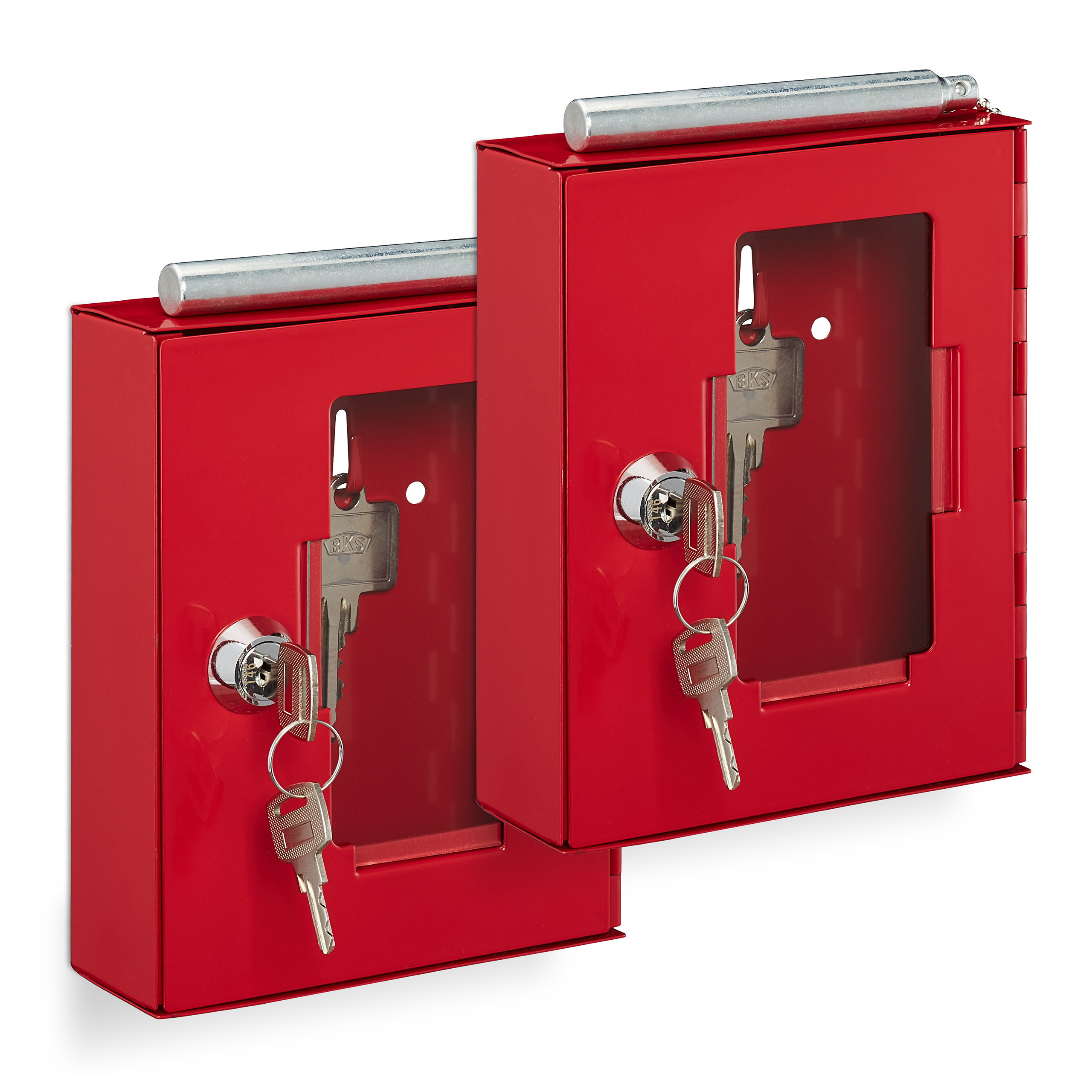 Image of Red Emergency Key Box, Set Of 2, 15 X 12 X 4 Cm, Metal With Glass Panel And Hammer, Lockable With 2 Keys, For Security Doors, , And Buildings, Wall-mounted Box, Key Box, Emergency Box, Relaxdays