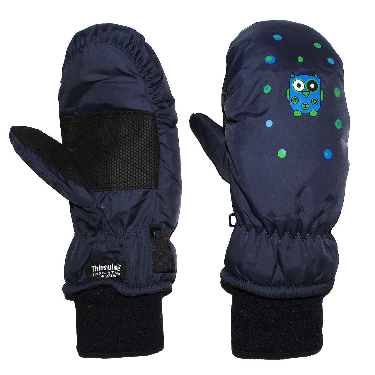 Image of Gloves / Mittens - With Long Cuff / Cuffband - Owl - Dark Blue / Blue - Size 6 - 8 Years - Thermally Lined Thermal Gloves - Waterproof
