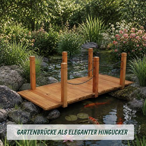gartenbrücke orange, 55 x 67 cm, tannenholz und eisen, bogenform, kettengeländer, wetterfest lackiert, traglast 150 kg, für gartenteich, bachlauf, , zierbrücke, holzsteg,