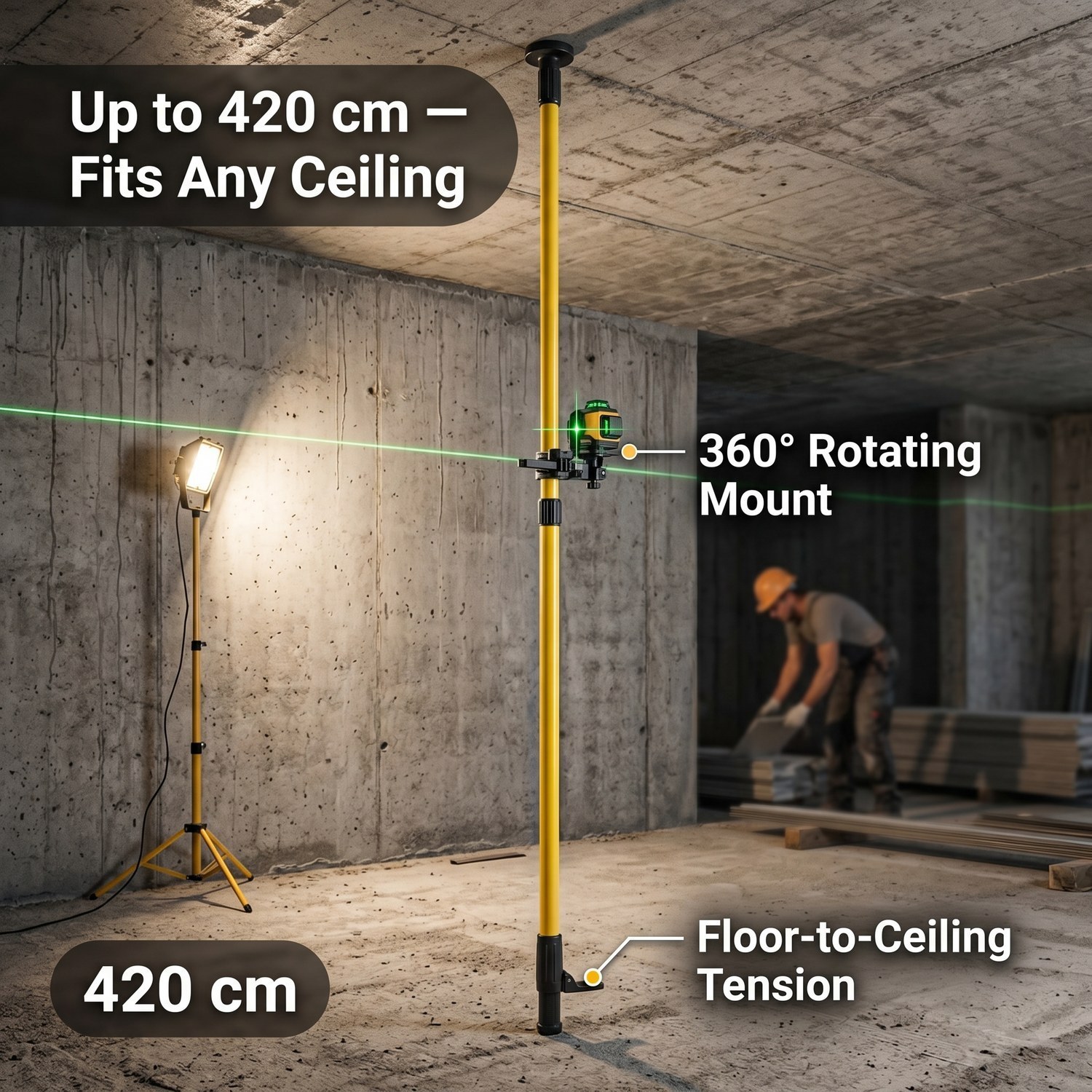 Image of Laser Level Stand 420/365 Cm, Telescopic Aluminum Alloy Support Pole, Floor To Ceiling Laser Tripod With 360 Rotating Mount, 5/8in And 1/4in Thread, Adjustable Lifting Rod For Line And Rotary Lasers