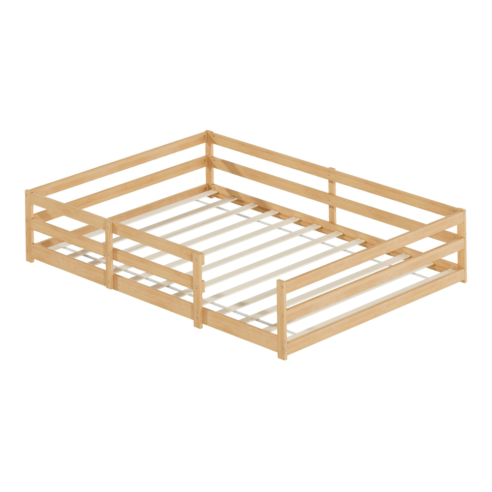 Solid Wood Floor Bed With Slatted Headboard – Wood Frame, 12-slat Bed Base, Breathable Sleeping Surface, Quick Assembly In , 140x200 Cm