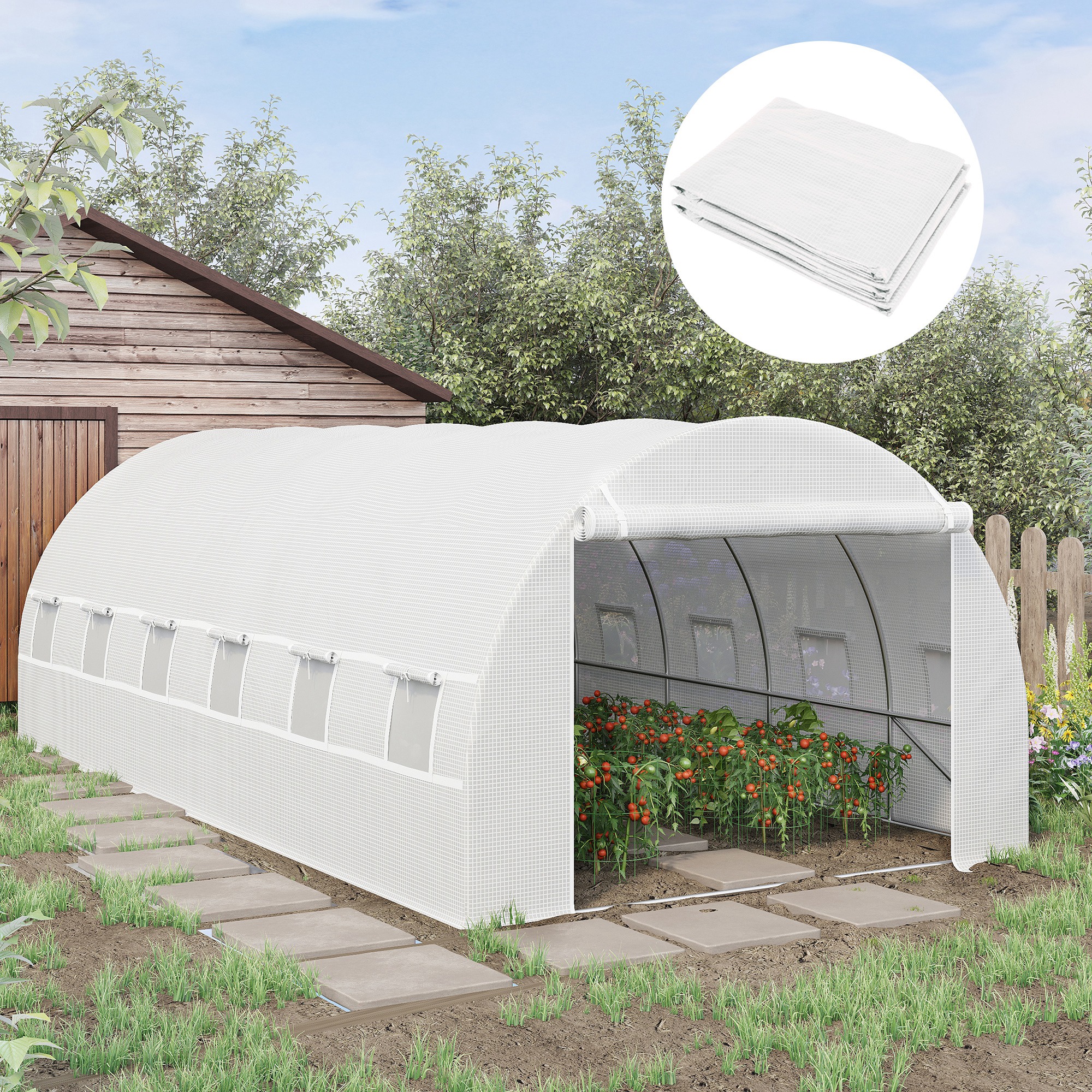 Greenhouse Film 3 X 6 M, Waterproof Polyethylene Film With Roll-up Door, 12 Windows, Uv Protection, Tear-resistant Garden Cover For Tunnel Greenhouses, Outdoor Tunnel Film, White