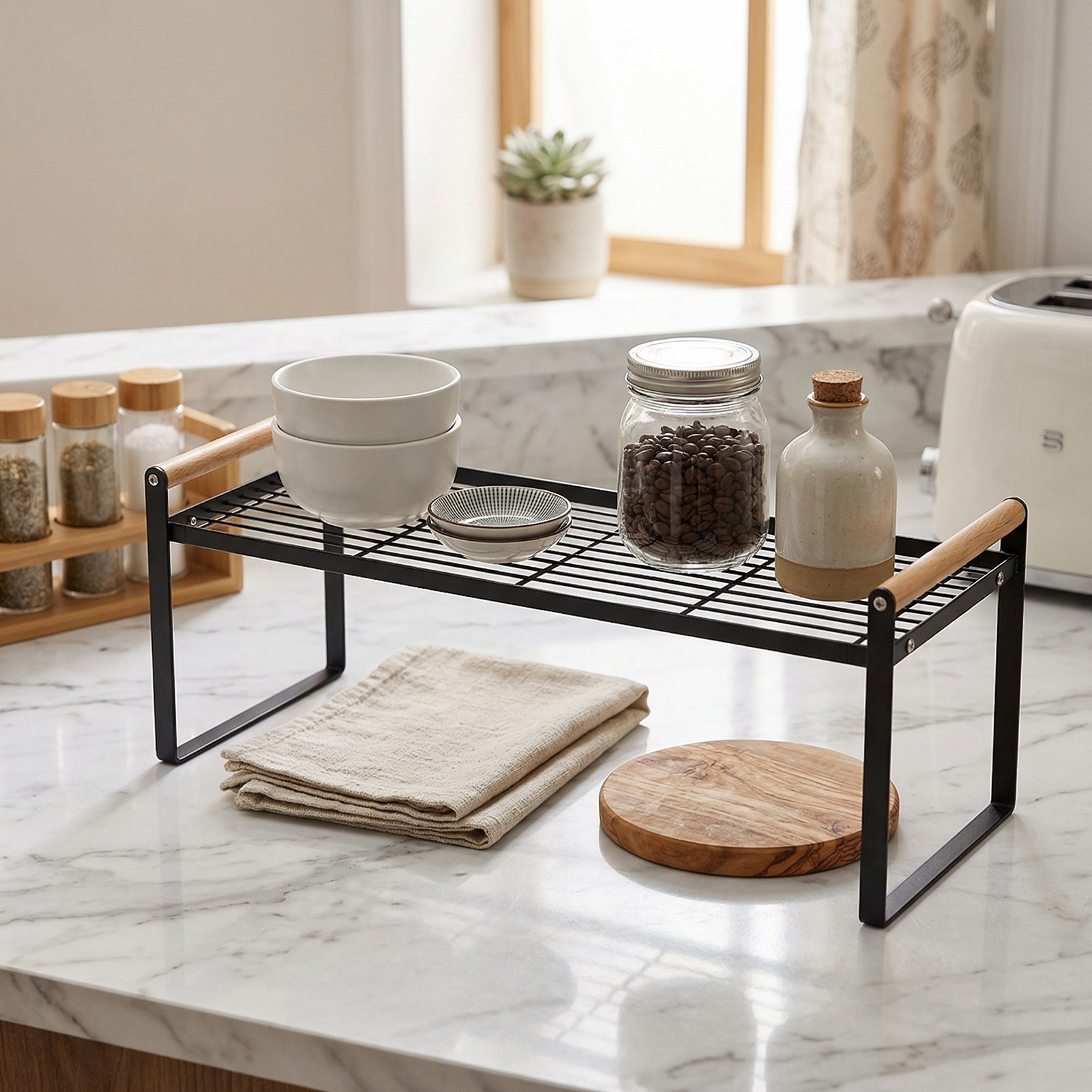 TEMU Metal Black Kitchen Organizer Countertop Storage Rack Space Saving Metal Spice Rack And Dish Drying Rack For Cabinet Storage, Heavy Duty Iron