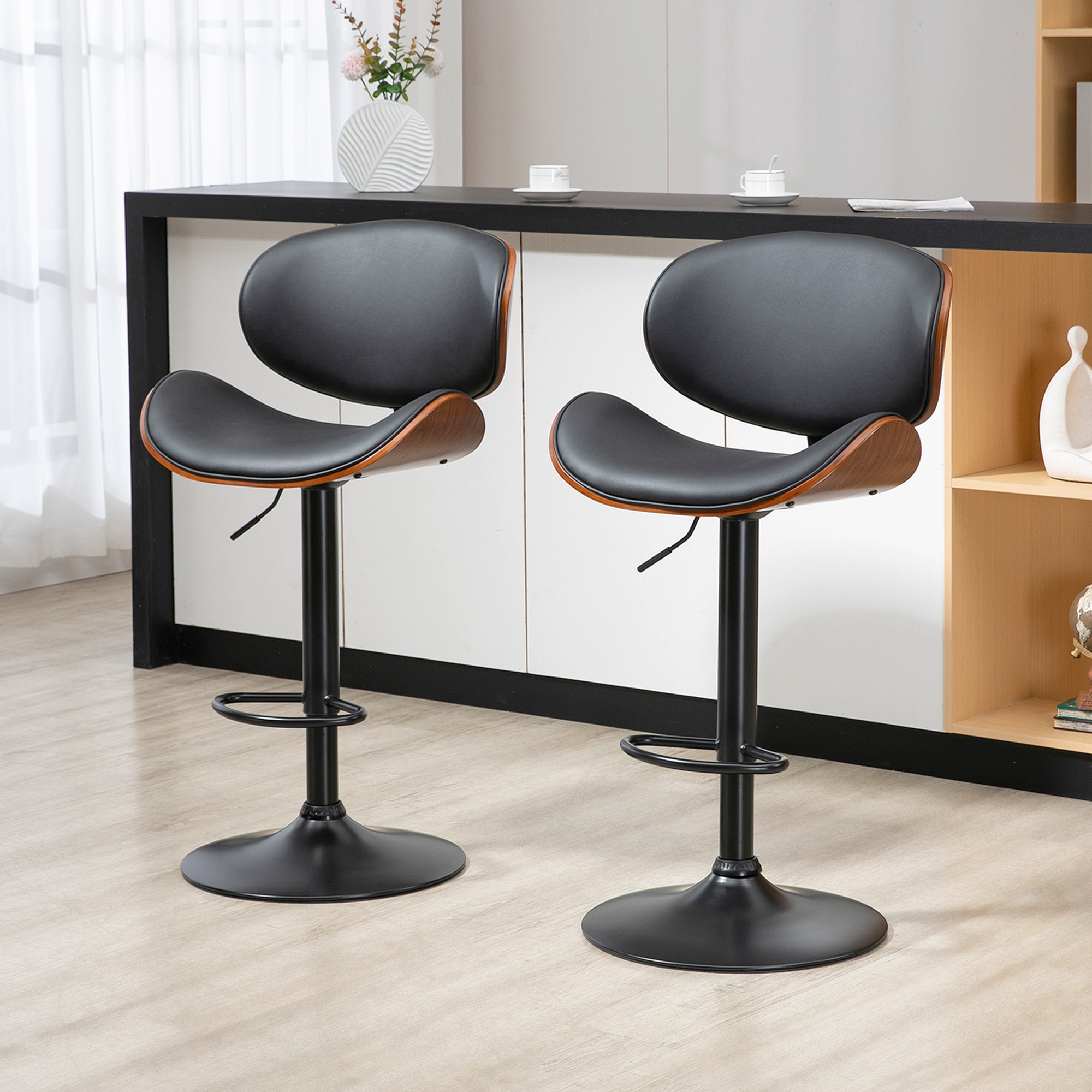 Image of 2-pack Bar Stools, Height Adjustable Kitchen Stool, Counter Chair Made Of Artificial Leather, Swivel Chair With Footrests, Bar Chair For Kitchen, Dining Room, Black, Steel, 53 X 52 X 92-112 Cm