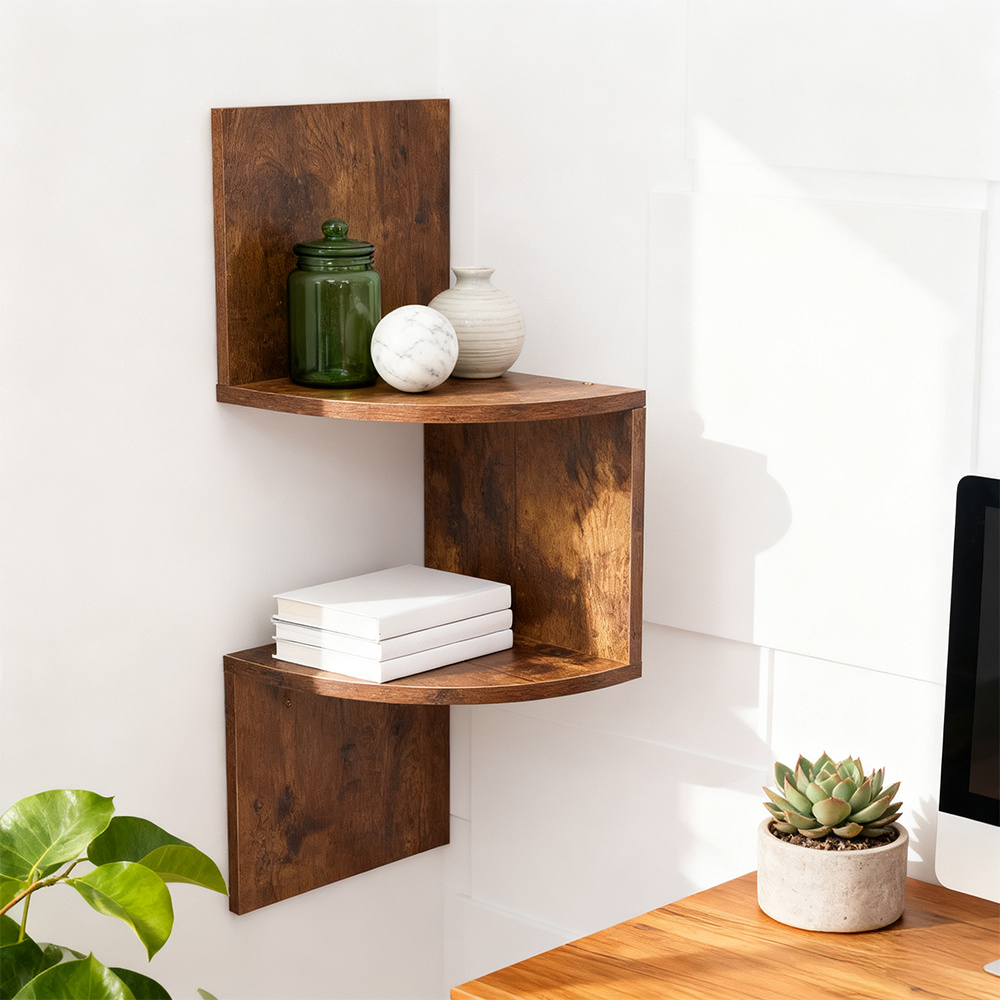 TEMU 2 Tier Rustic Style Floating Corner Shelf Wooden Wall-mounted Display Rack Storage Shelves Stand Bookshelf For Bedroom, Living Room, Bathroom,
