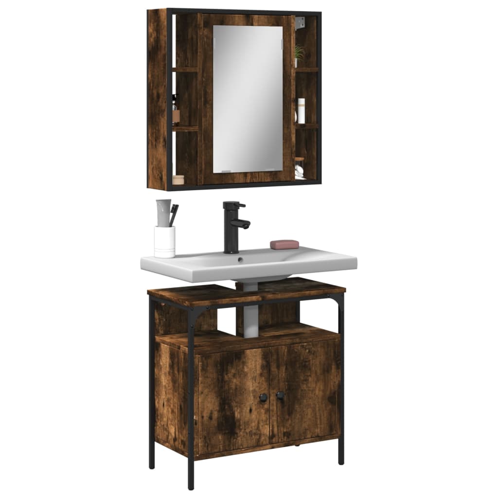 Image of Vidaxl Bathroom Furniture Set 2-pc., Bathroom Cabinet With Storage, Bathroom Vanity Unit With Mirror, Bathroom Furniture, Smoked Oak Wood Grain