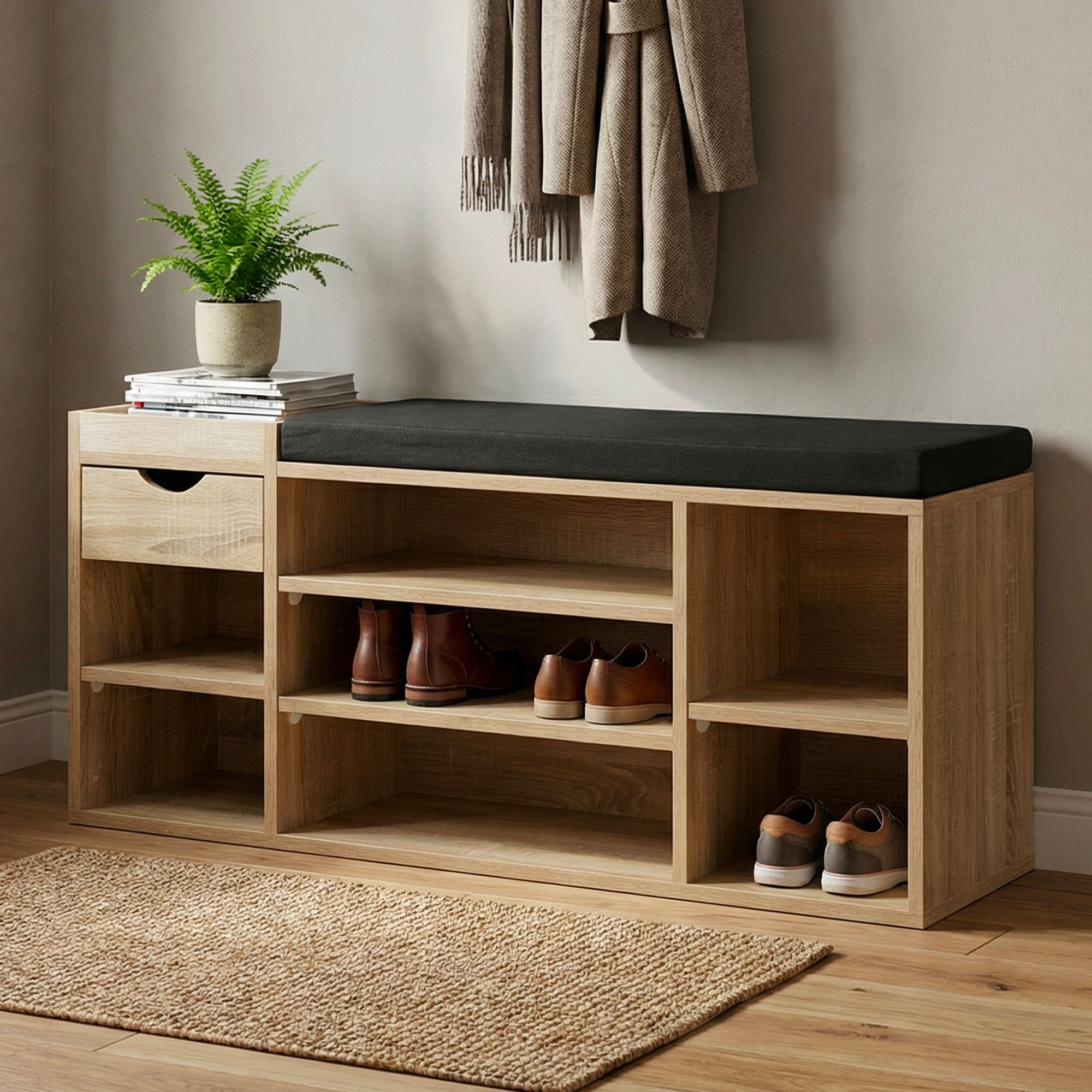 Image of Shoe Bench Brown 100cm With Seat Cushion – Bench With Drawer And Adjustable Shelves – Modern Entryway Furniture Shoe Rack – Hallway Bench With Storage Space