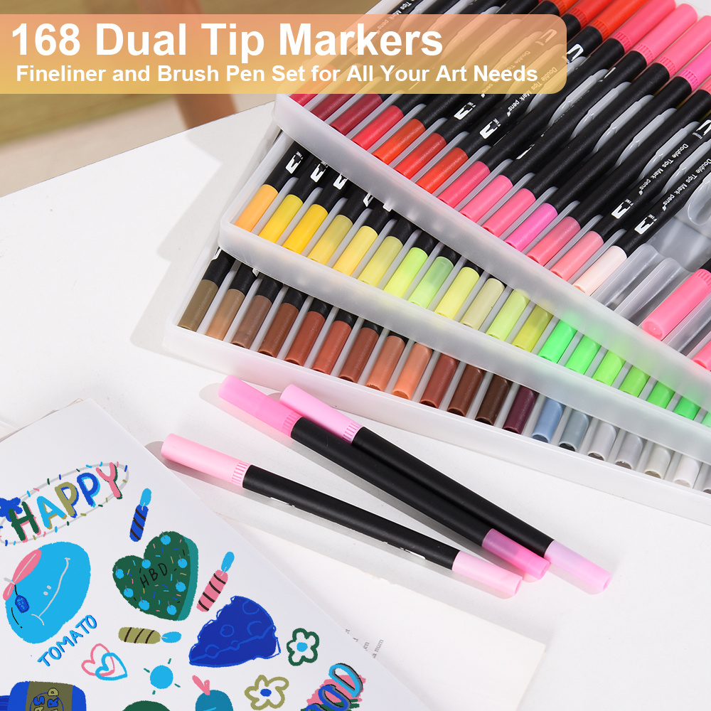 Image of 168 Colours Dual Tip Brush Pens Brush Markers, Felt Colouring Pens For Kids Painting Colouring Sketching Drawing