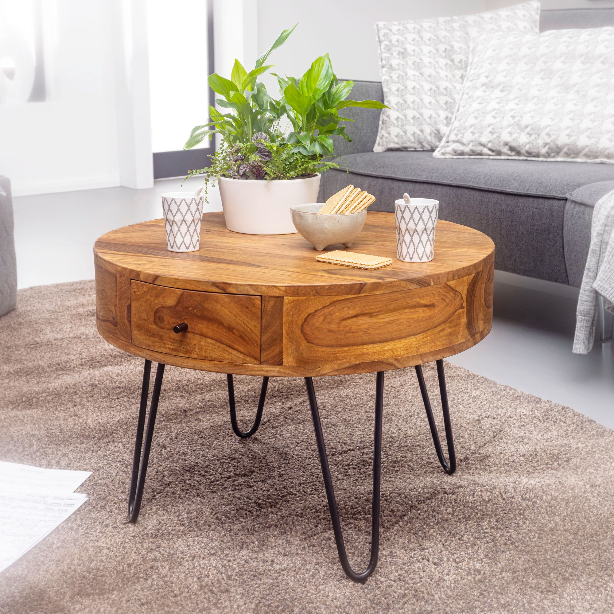 Solid Wood / Metal Coffee Table 60x44.5x60 Cm, Living Room Table, Design Side Table With Drawers, Small Round Room Table