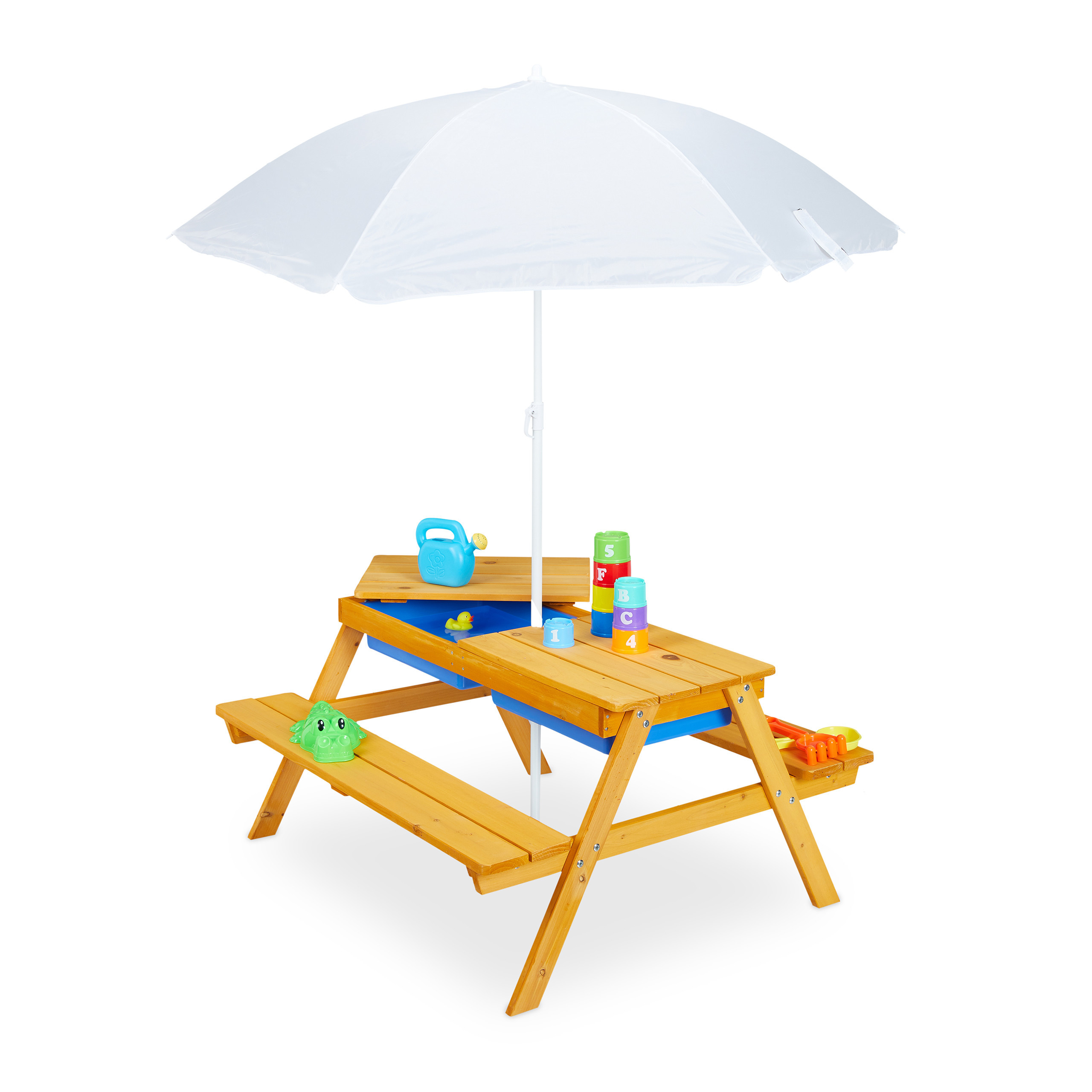 TEMU Conjunto de asientos infantil arena/agua, con sombrilla, madera de , poliéster y plástico PP, natural, 49 x 86 x 92.5 cm, altura del asiento 29