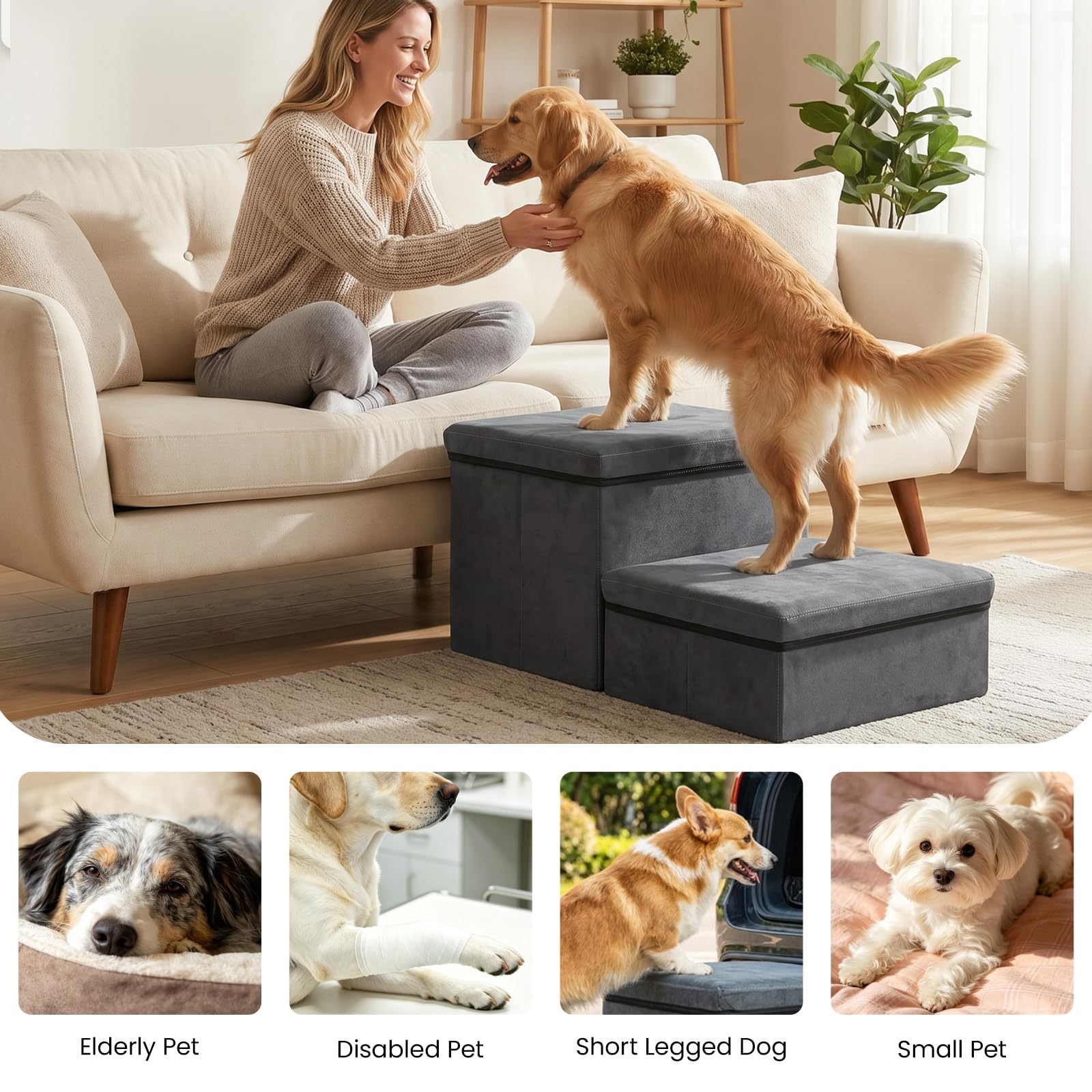 Dog Stairs with Storage, Foldable Pet Steps for Bed and Sofa