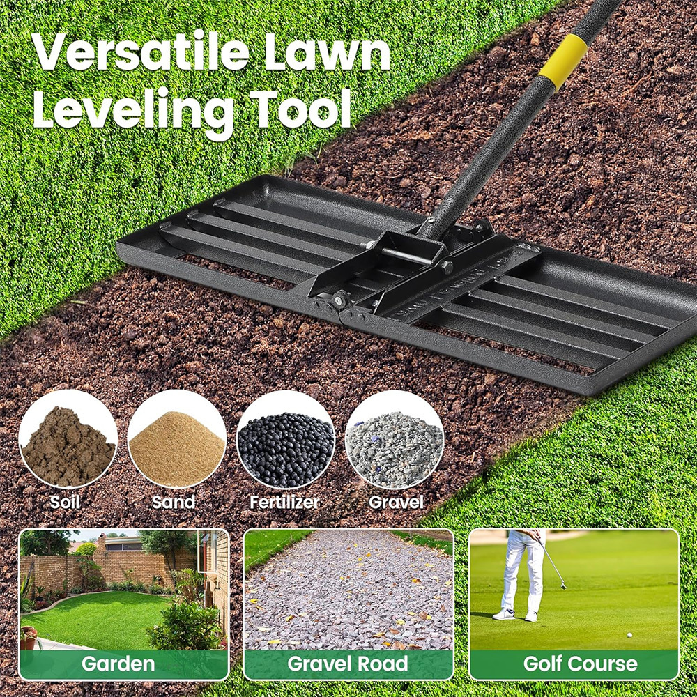 TEMU Folding Stainless Steel Lawn Leveling Rake With Adjustable Length Handle And Non-slip Grip, Large 30 X 10 Inch Heavy-duty , Curved For Reduced