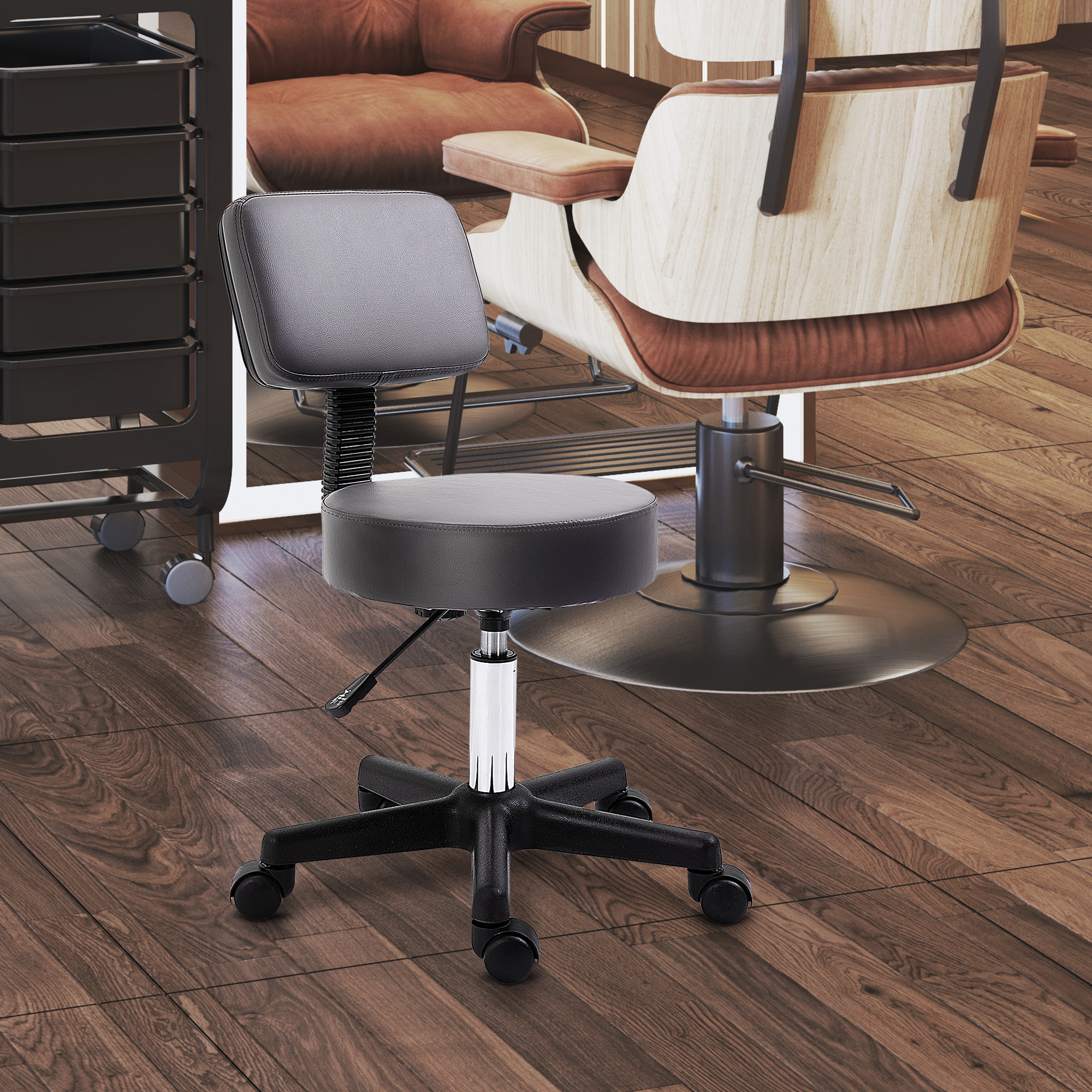Image of Homcom Rolling Stool Height Adjustable Work Stool With Backrest, Swivel Salon Stool For Massage Office Leather Grey 35 X 35 X 72-84 Cm