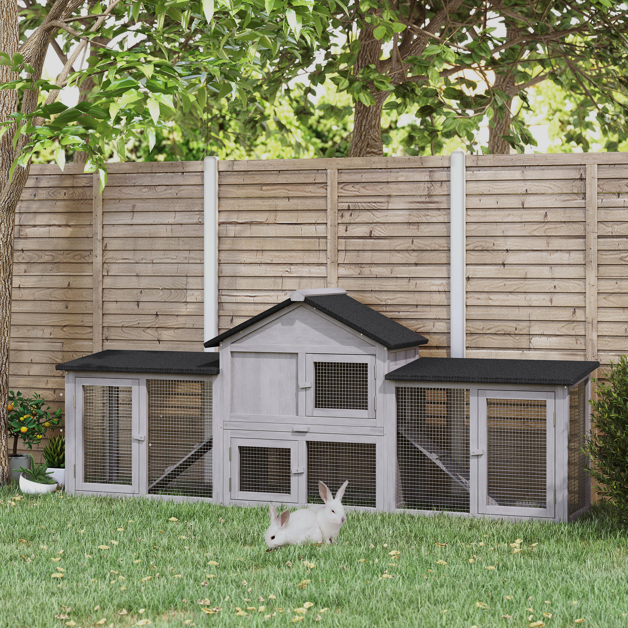 Wooden Rabbit Hutch 210 X 45.5 X 84.5 Cm, Rabbit Cage With Roof, Run, Ramp, Doors, Hutch For Dwarf Rabbits, Guinea Pigs, Outdoor, Grey